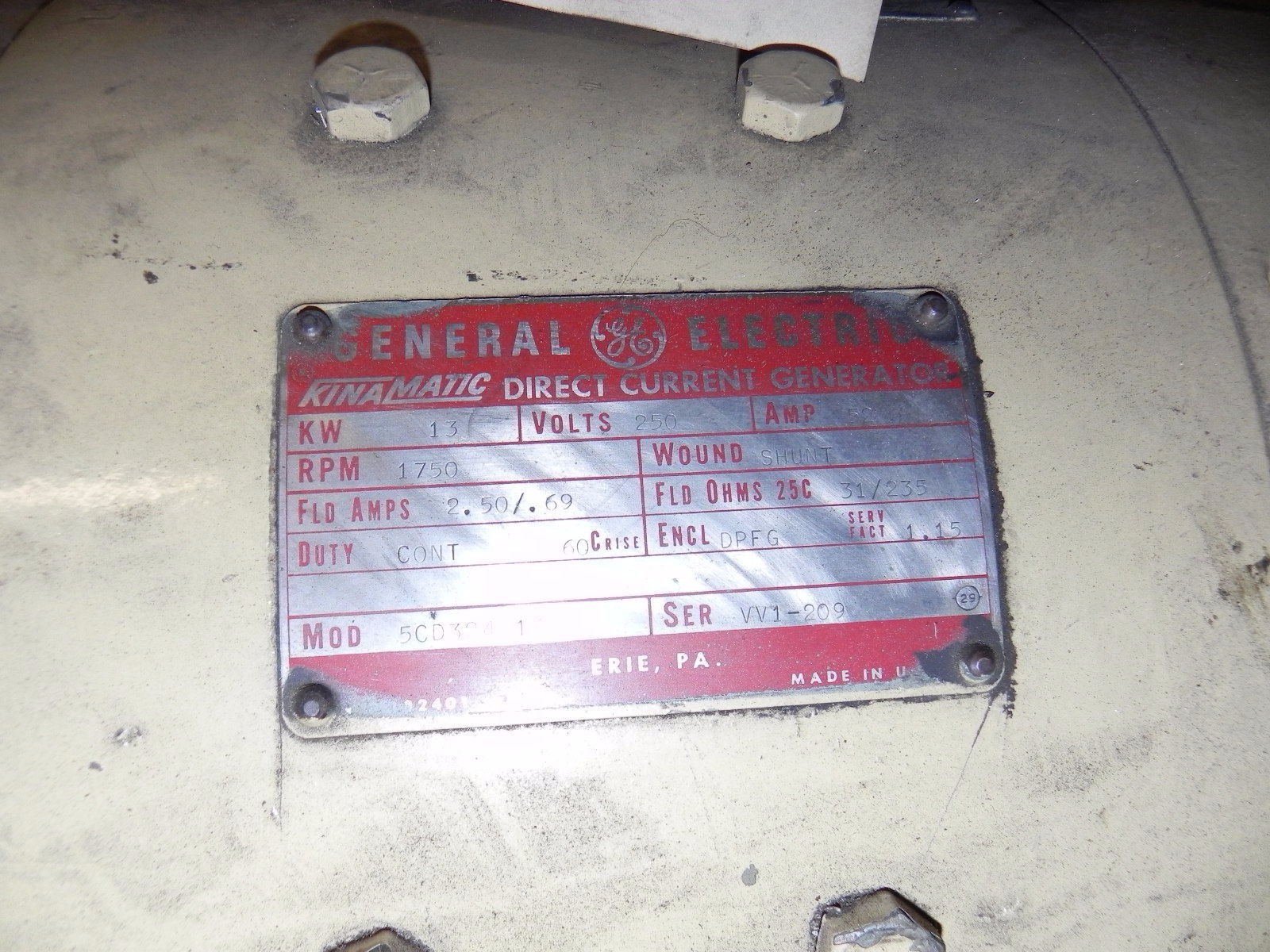 General Electric Kinamatic 5CD324G148 13KW 250V 52Amp 1750RPM. Used.