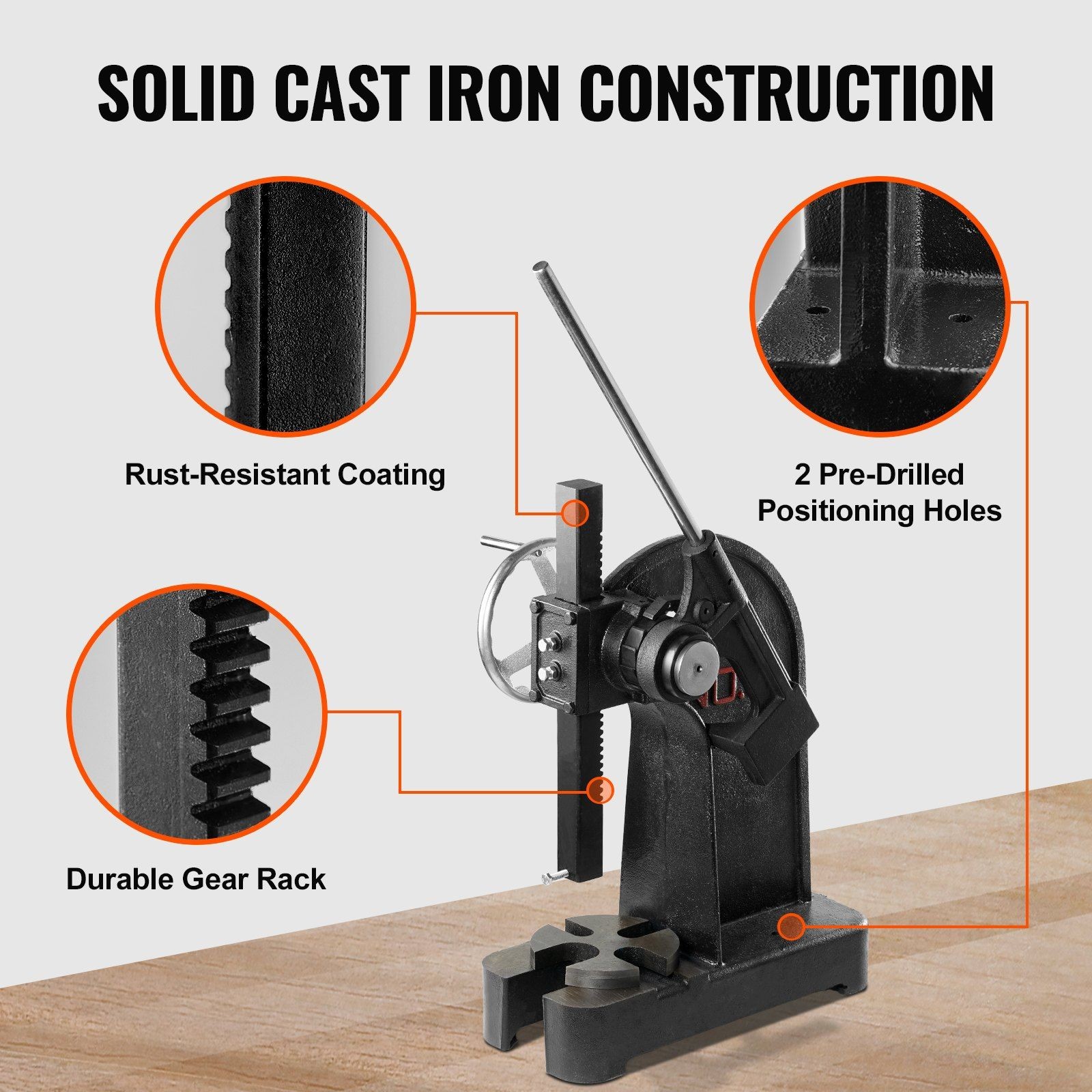 Arbor Press 3 Ton, Cast Iron, Ratchet Leverage, Handwheel Adjust, 12.2″
