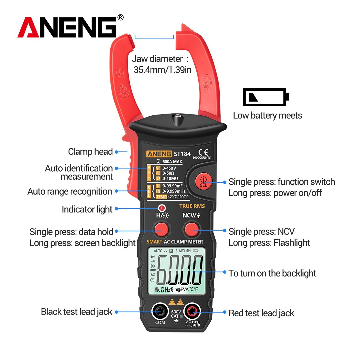 ANENG ST184 Clamp Meter True RMS 600A AC Auto Range NCV Temp Tester 6000 Counts