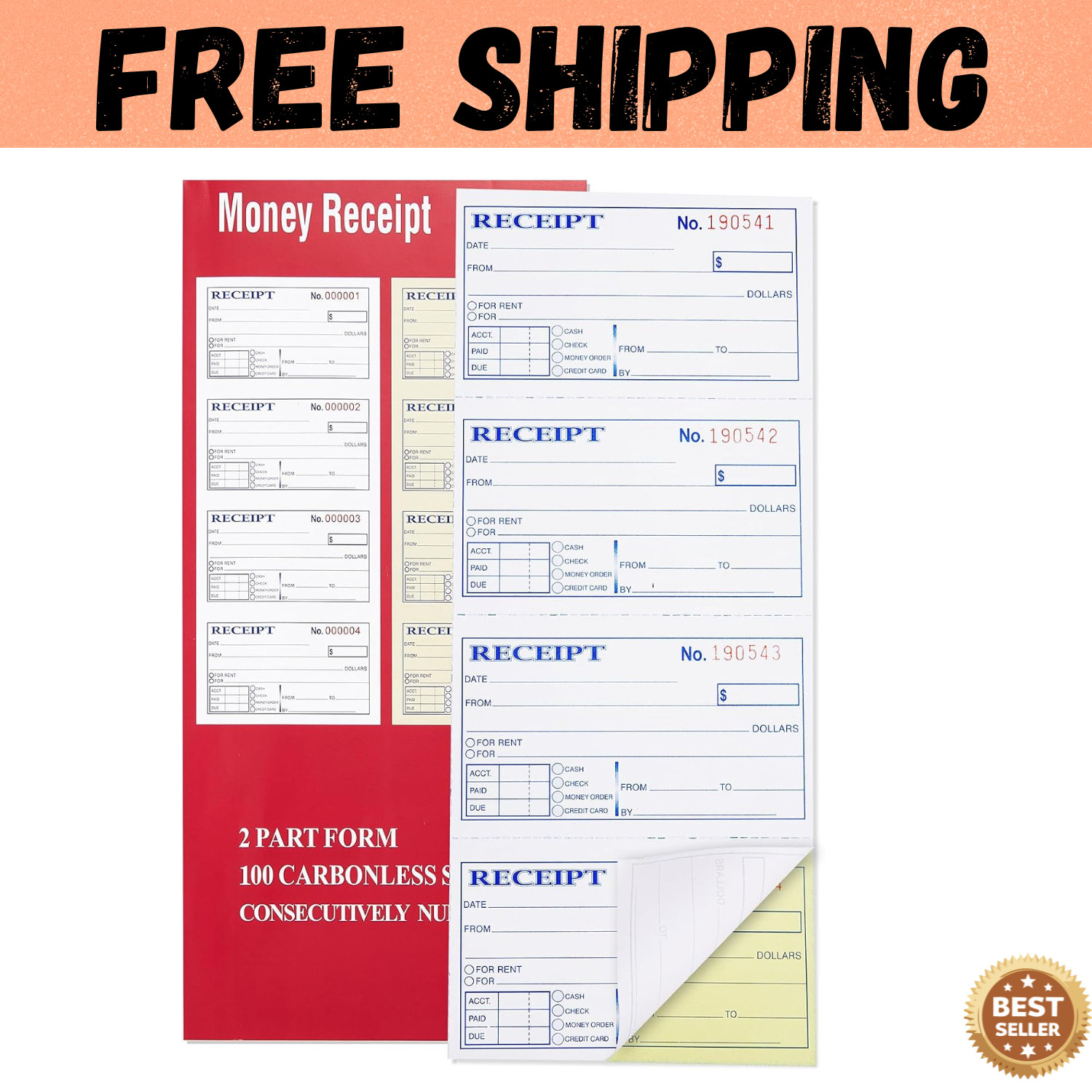 Receipt Book with Carbon Copies, 2-Part carbonless, 100 Sets per Book,4 Receipts