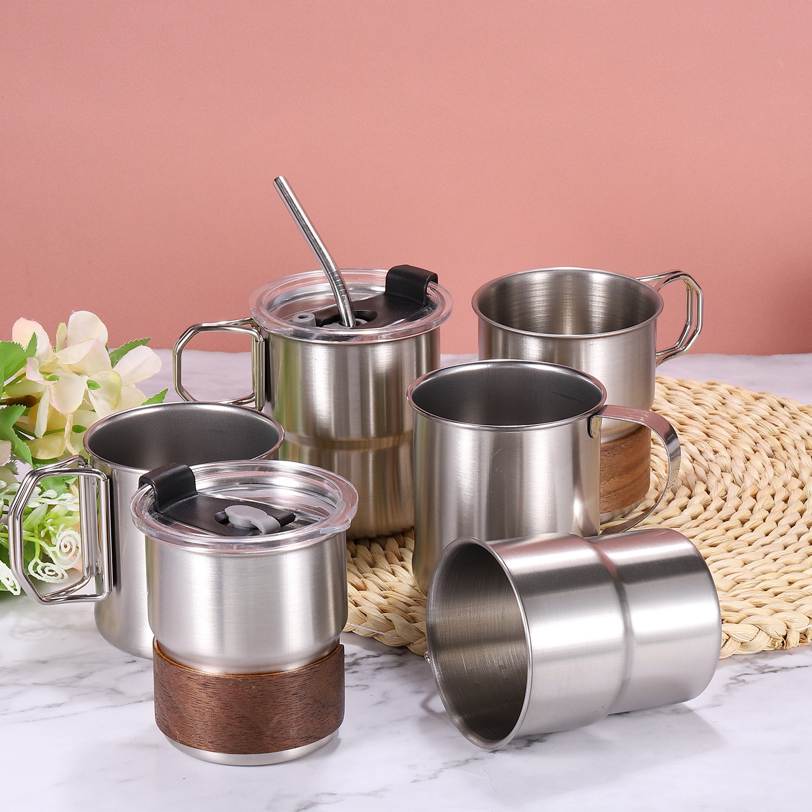 304 Stainless Steel Cup with Handle, 10oz Metal Water Glasses Shatterproof Cup