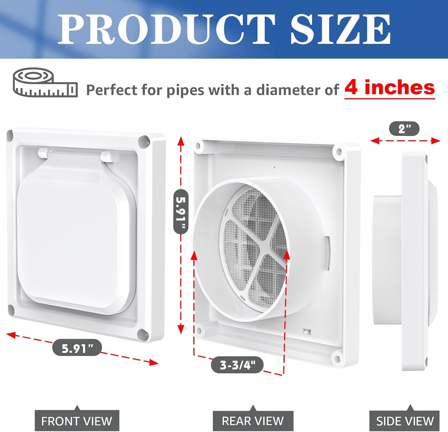 Dryer Vent Cover Outside 4 inch, Magnetic Door Design, Durable Airflow Vent with