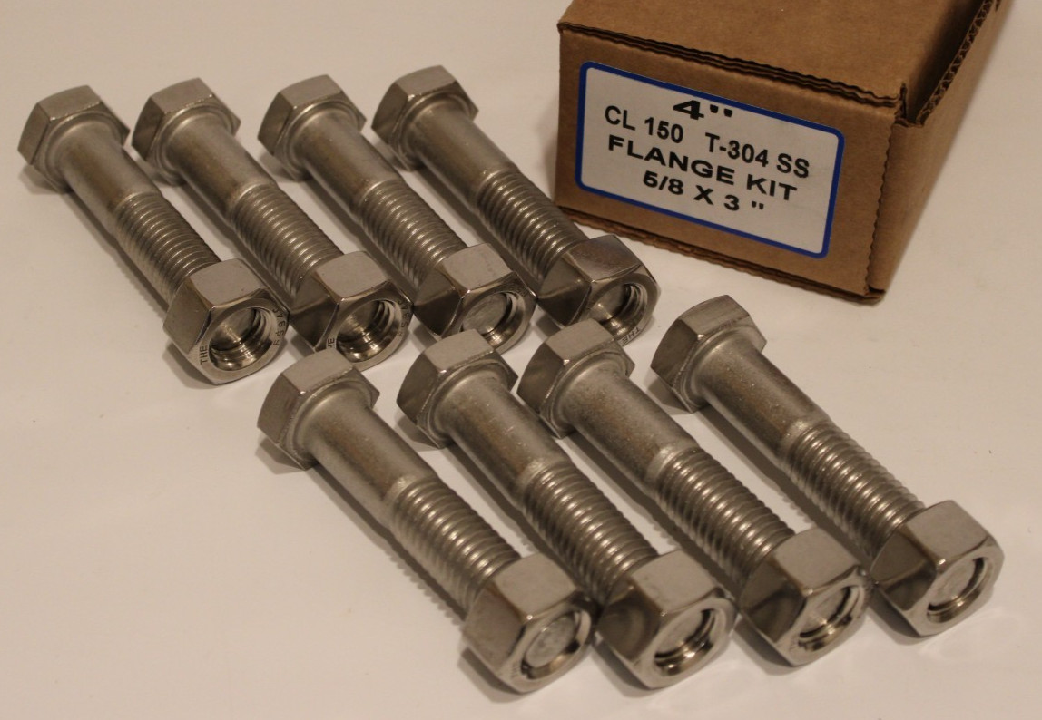 4″ Flange Bolt Kit – 4″ CL 150 T-304 SS 5/8″ x 3″ – Box of 8 Bolts & Nuts Only