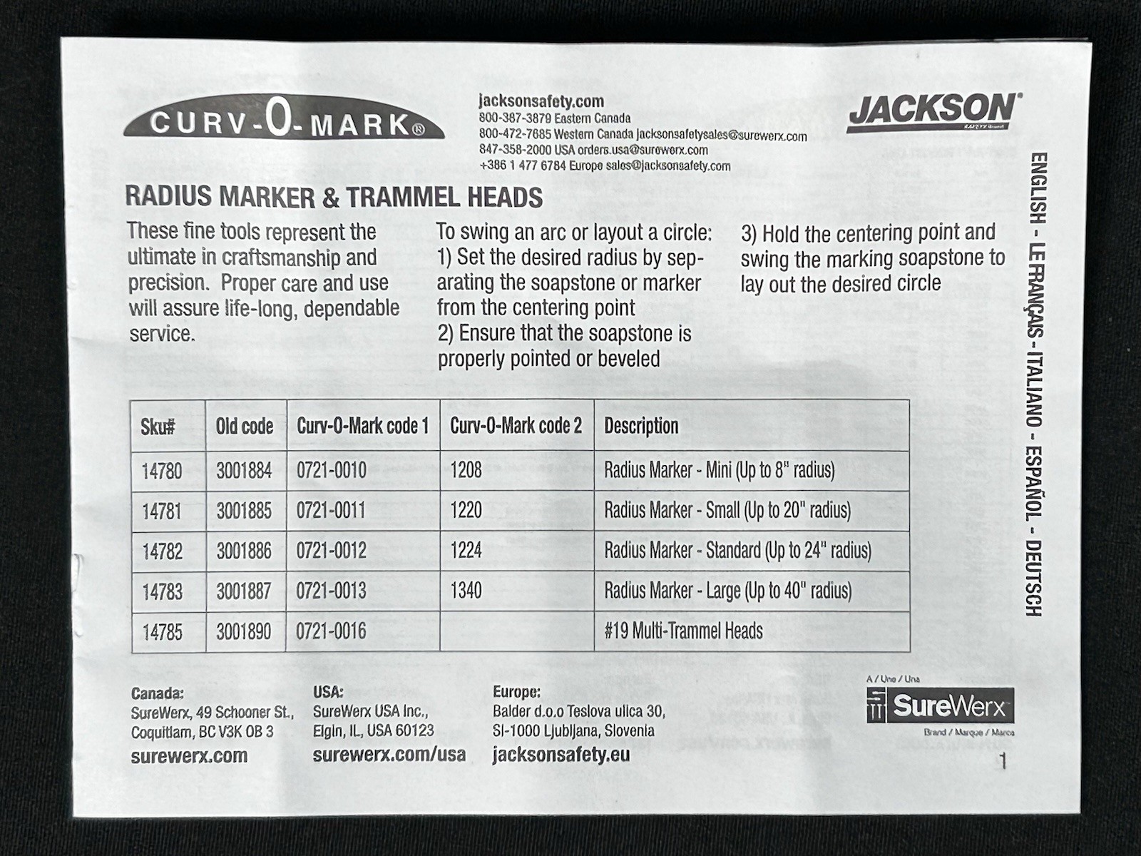Jackson Safety Large Radius Marker 14783 J1887 Curv-O-Mark