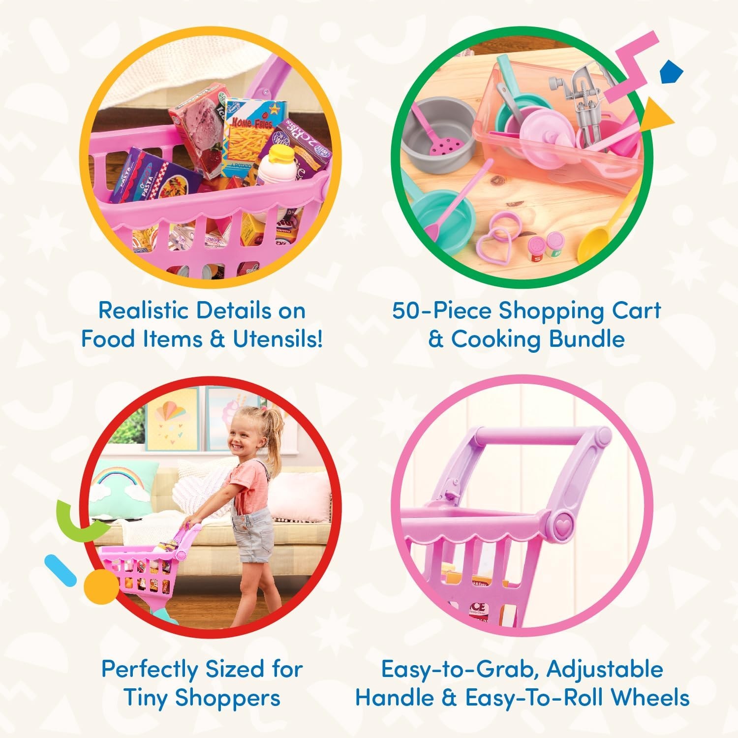Kids Shopping Cart & Grocery Set – Toy Food Play Kitchen – Pretend Play 3+ Years