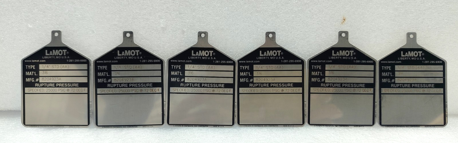 LAMOT 1/4″ STD (AA) 25000 PSIG @ 72 DEG F 316 SS RAPTURE PRESSURE DISC 6 QTY NEW