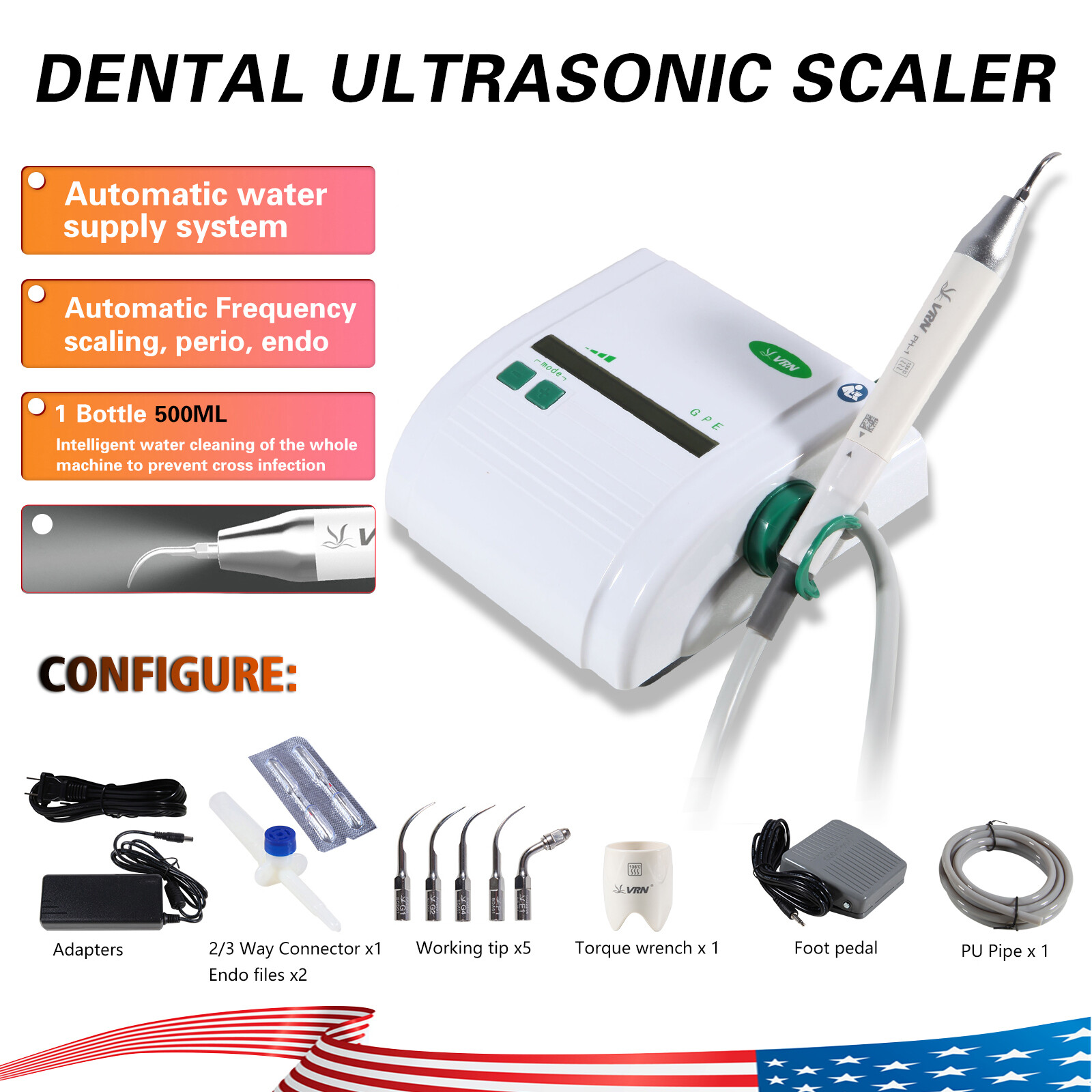 Ultrasonic Piezo Dental Scaler +LED Detachable Handpiece+5Tips fit EMS VRN-K08DL