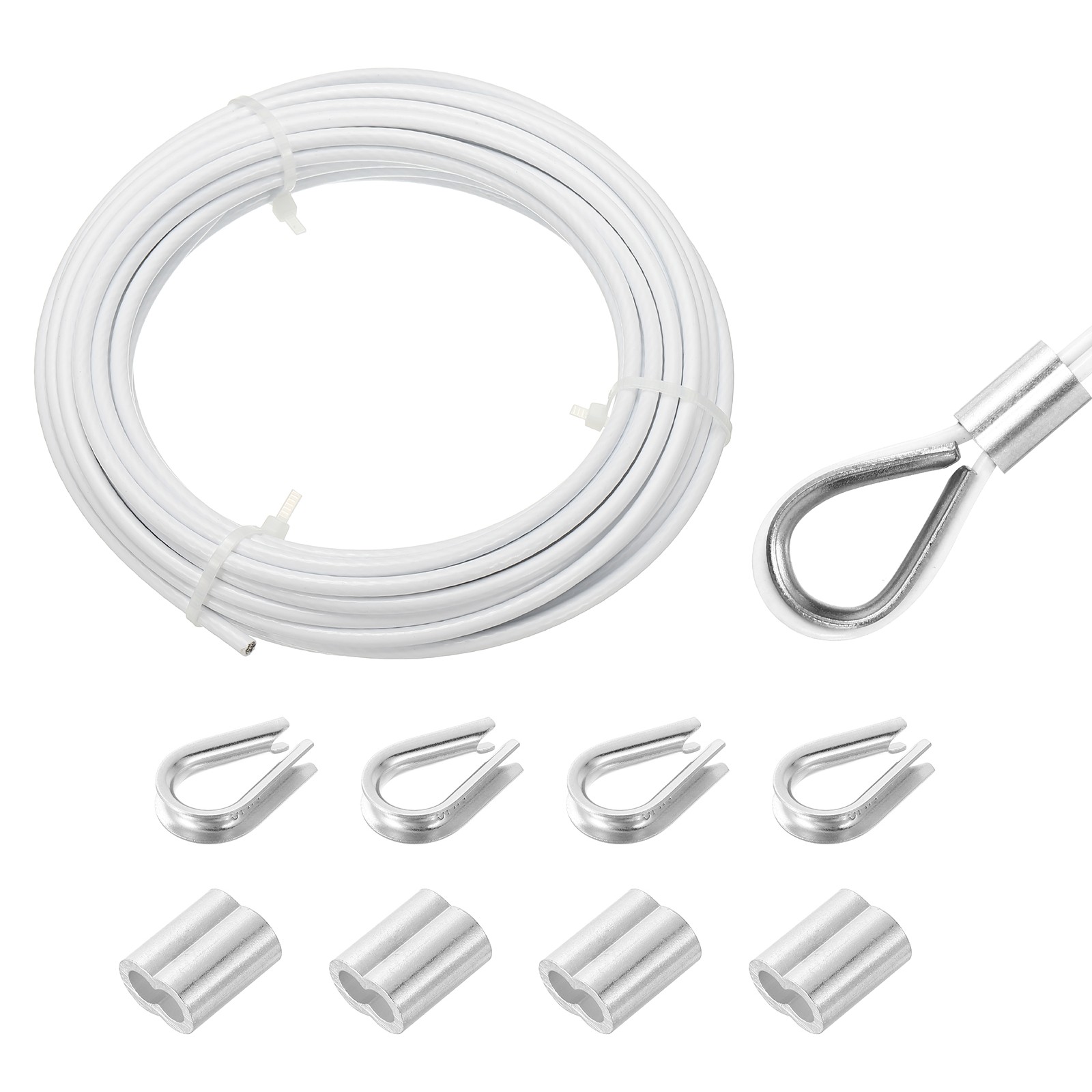33Ft(10M) Wire Rope Stainless Steel Cable 5/32″ 4pcs Sleeves & Thimble White