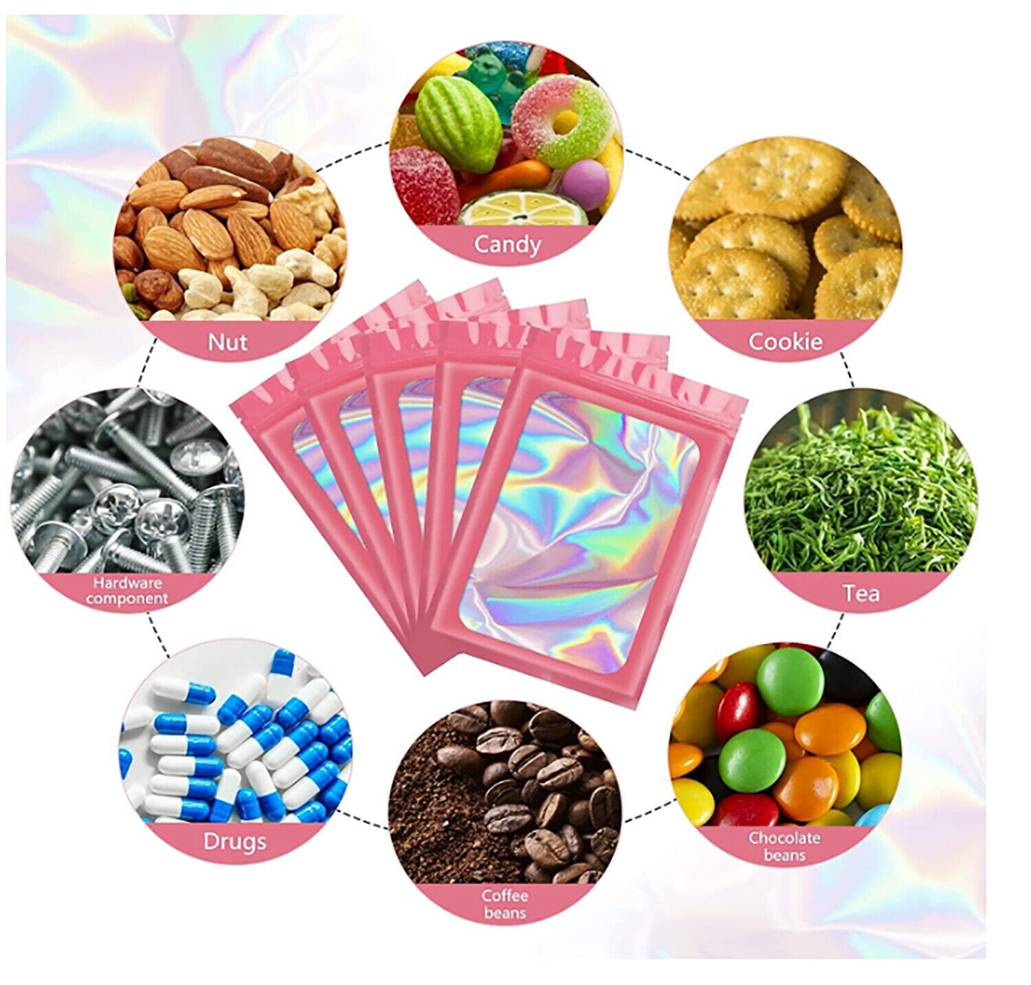 100/200 Pcs Holographic Mylar Foil Bags Resealable Zip Seal Pouches Smell Proof
