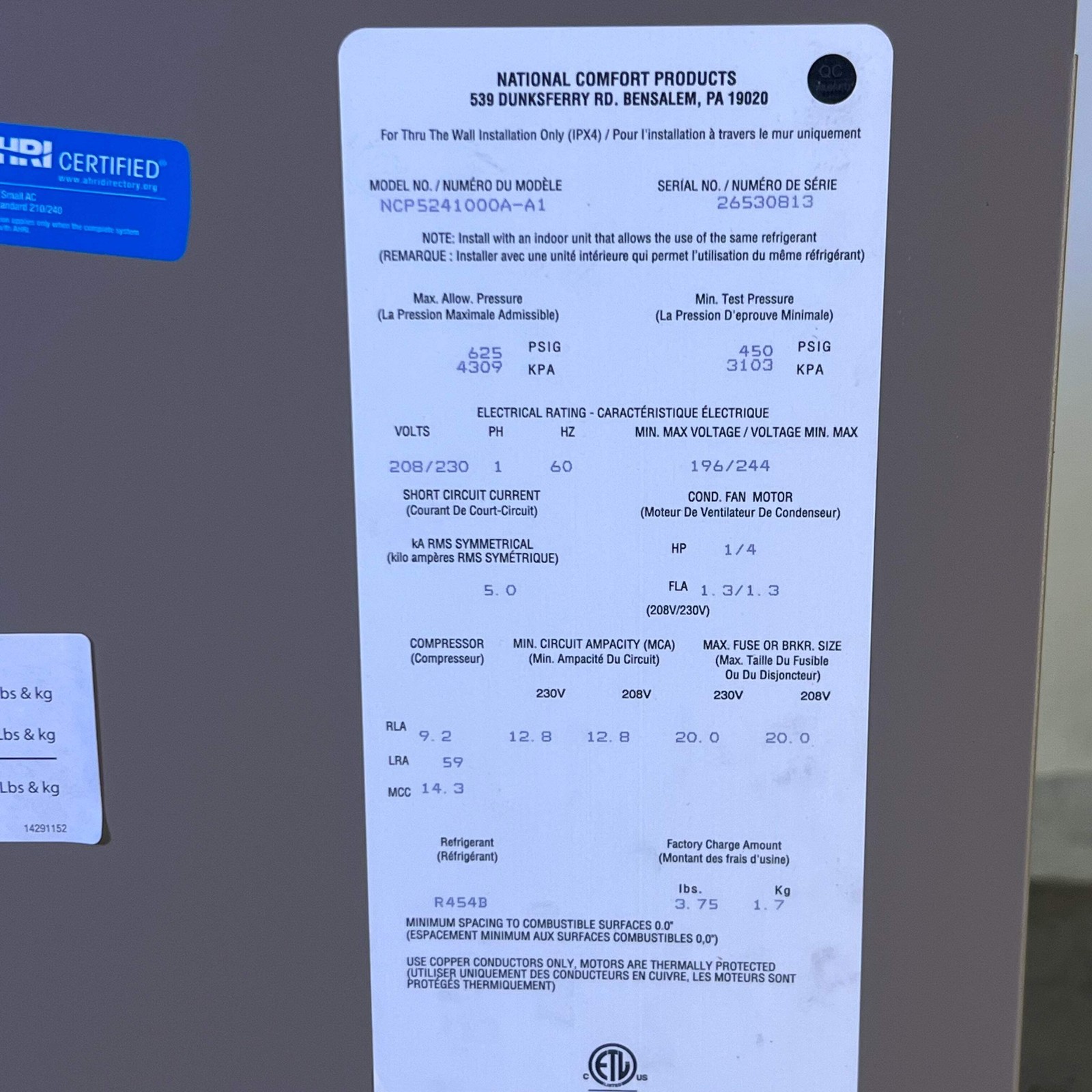 NCP Thru the Wall Condensing Unit 1000 Series NCP5241000A-A1