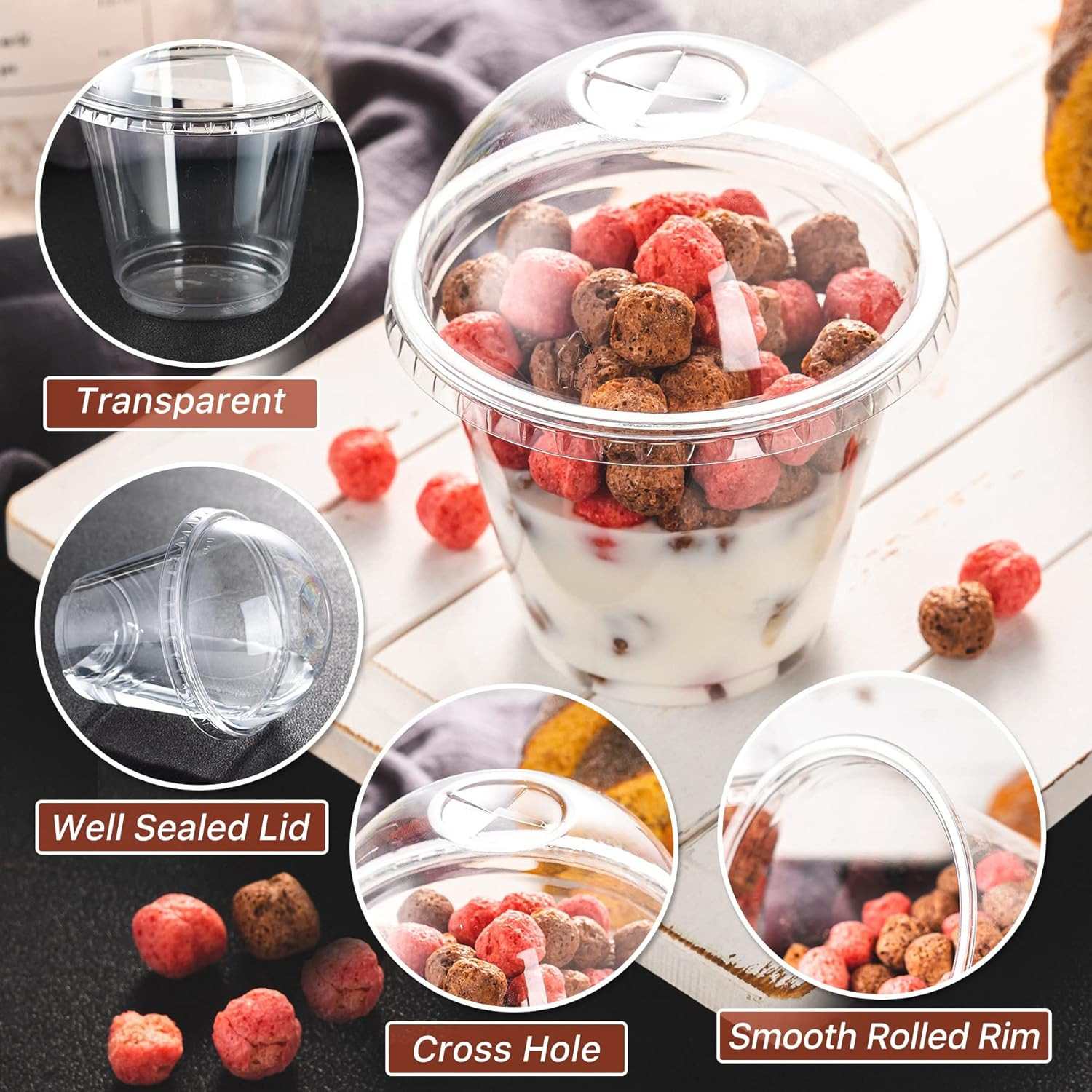 Lullaby 200Pack 9Oz Clear Plastic Cups with Dome Lids, Dessert Cups with Lids, D