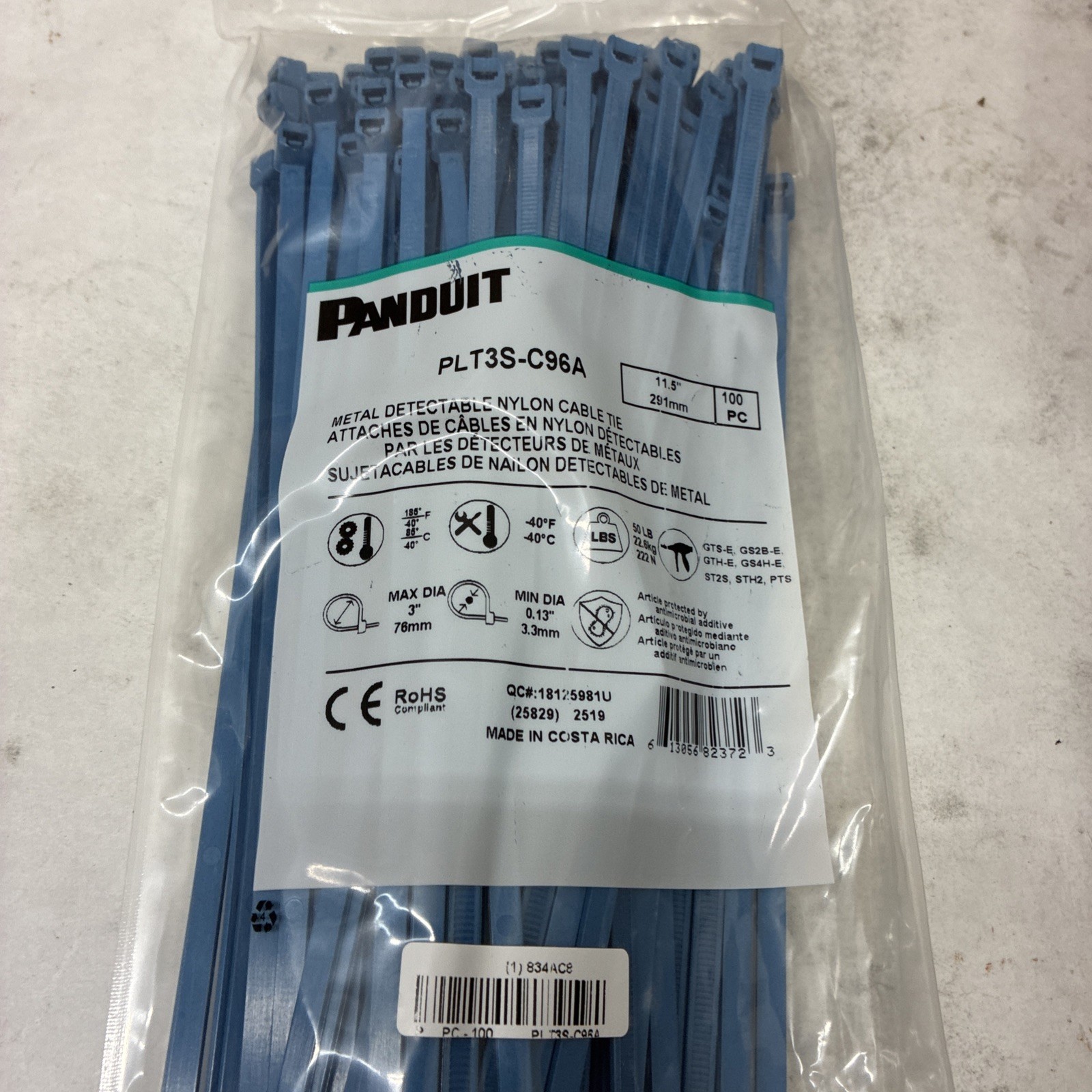 Panduit Plt3s-C96a Cable Tie, 11-1/2 In L, Bag Of 100pcs