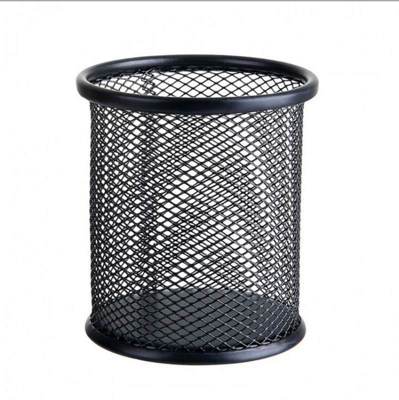 Metal Mesh Round Pen Pot Case Pencil Holder Durable Pencil Case Container Black