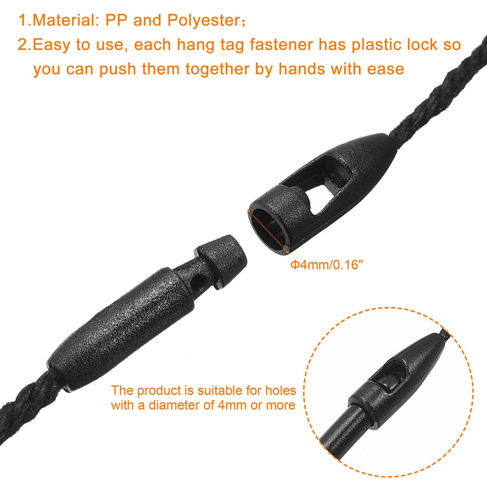 100 x Cotton Hang Tag String Snap Lock Price Tag Fastener Ties Black 7.8″