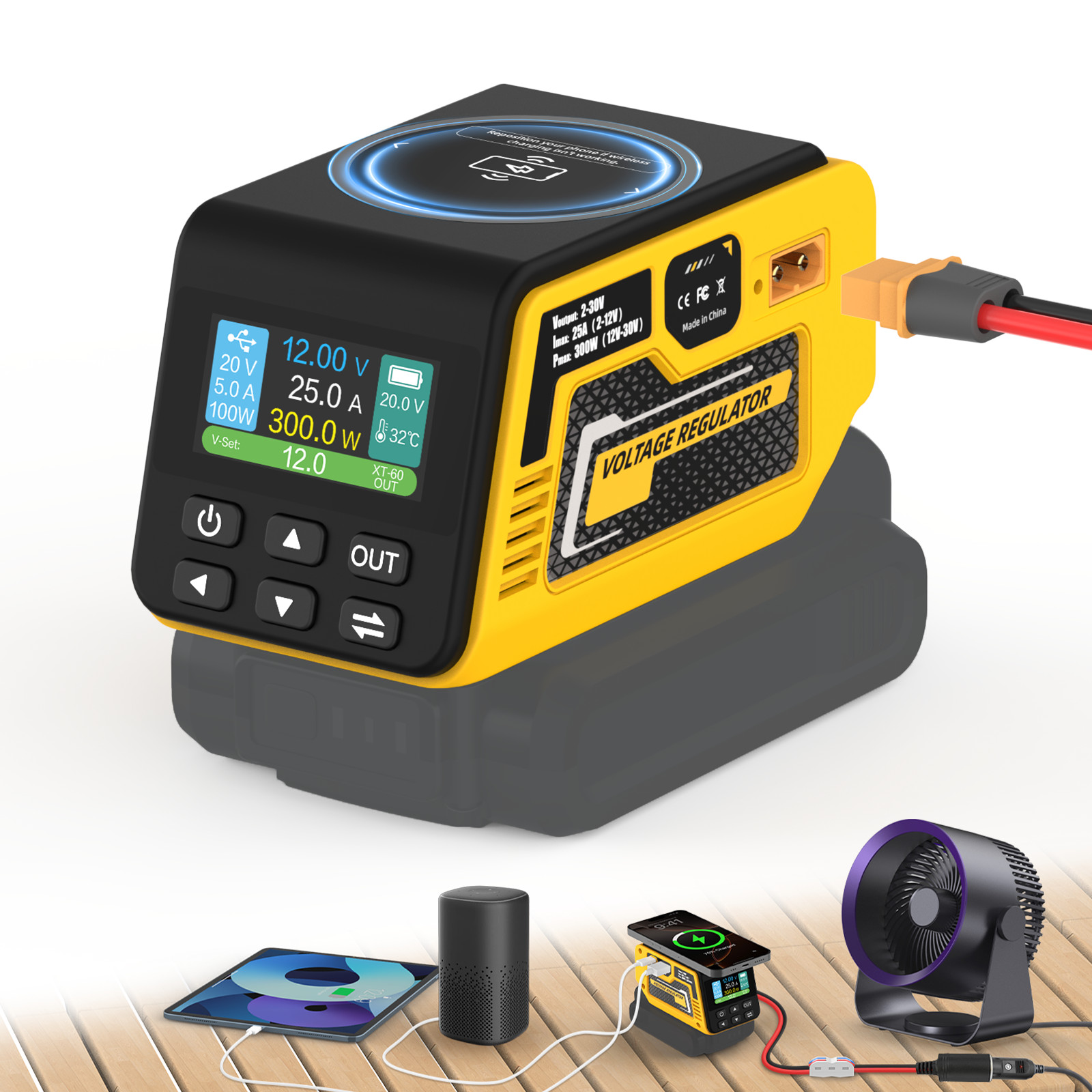 300W power Regulator Wireless charge for Dewalt 20V Battery,2-30V DC Adjustable
