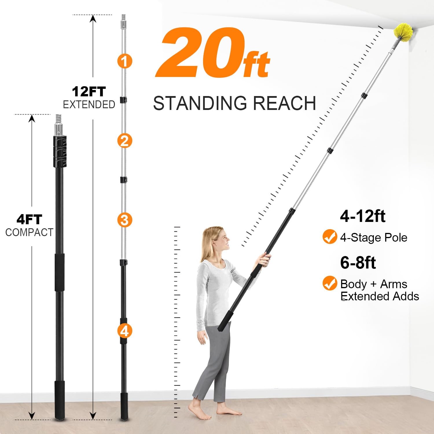 ARTIPOLY 4-12ft Cobweb Duster w/ 20ft Extension Pole, High Reach Feather Duster