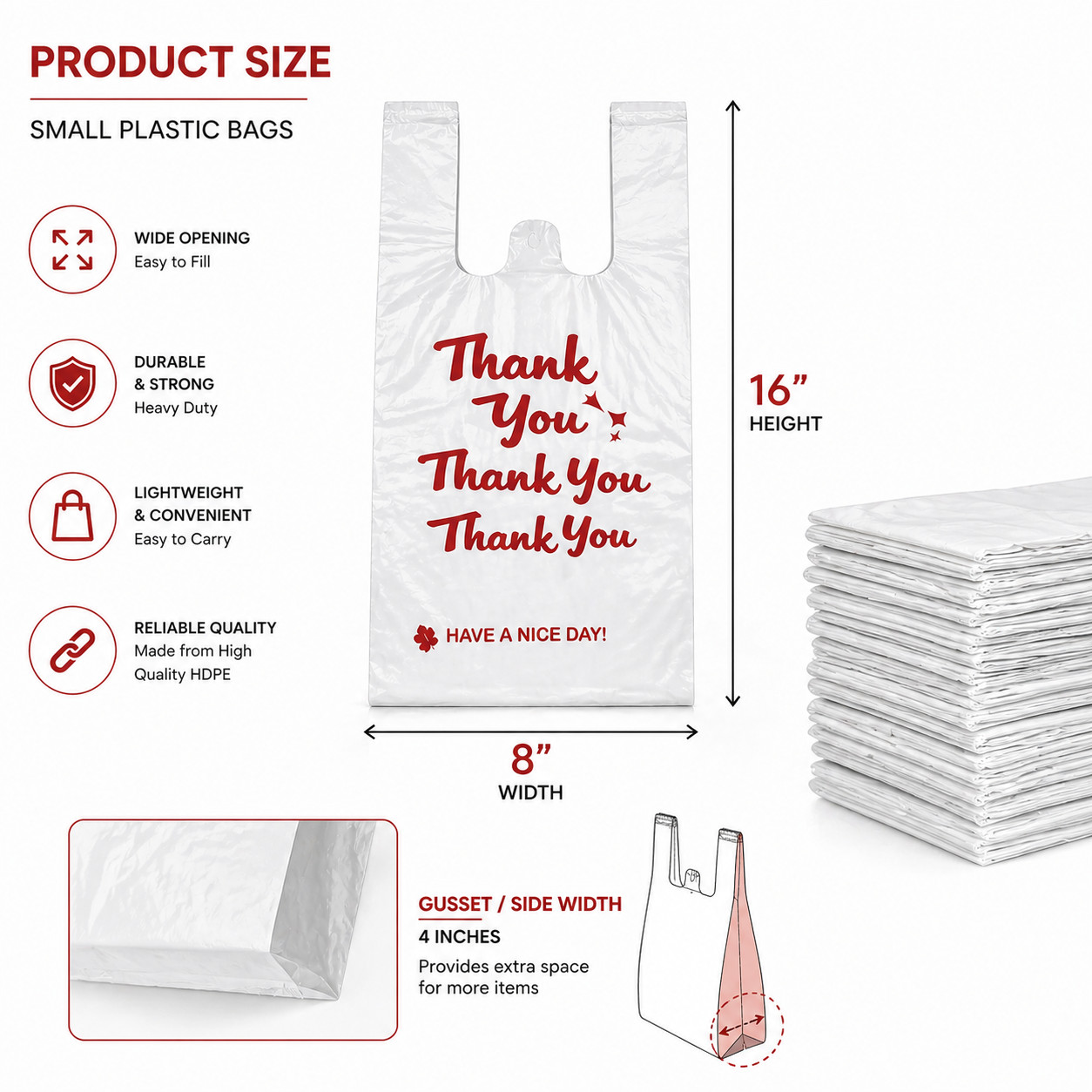 1000 Count Thank You Bags Small 8x4x16 T-Shirt Plastic Bags Bulk Heavy Duty