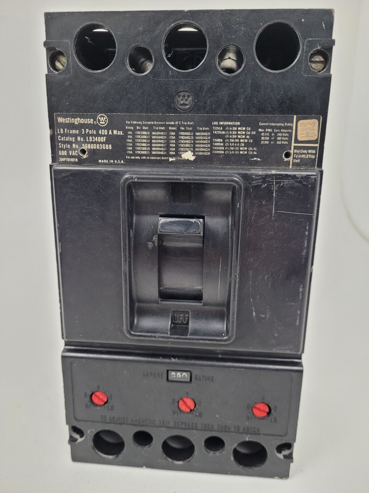LB3250 Westinghouse 400A Frame Circuit Breaker w/ 250 Amp Trip – Next Day Option