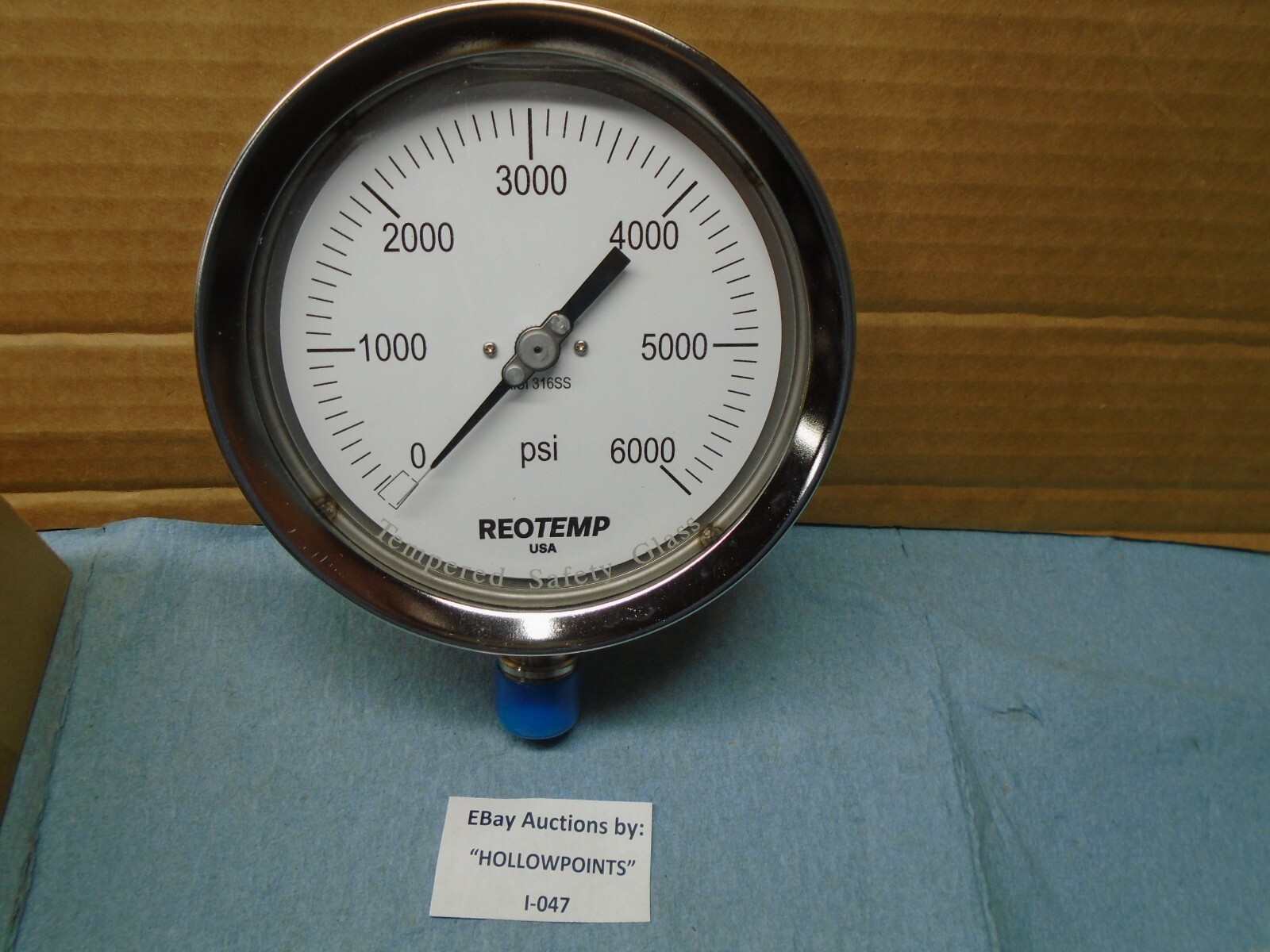 Reotemp New Pressure Gauge PT45T1A2P35-D-T 4.5″ 1/2 NPT 316 SS 0-6000psi I047