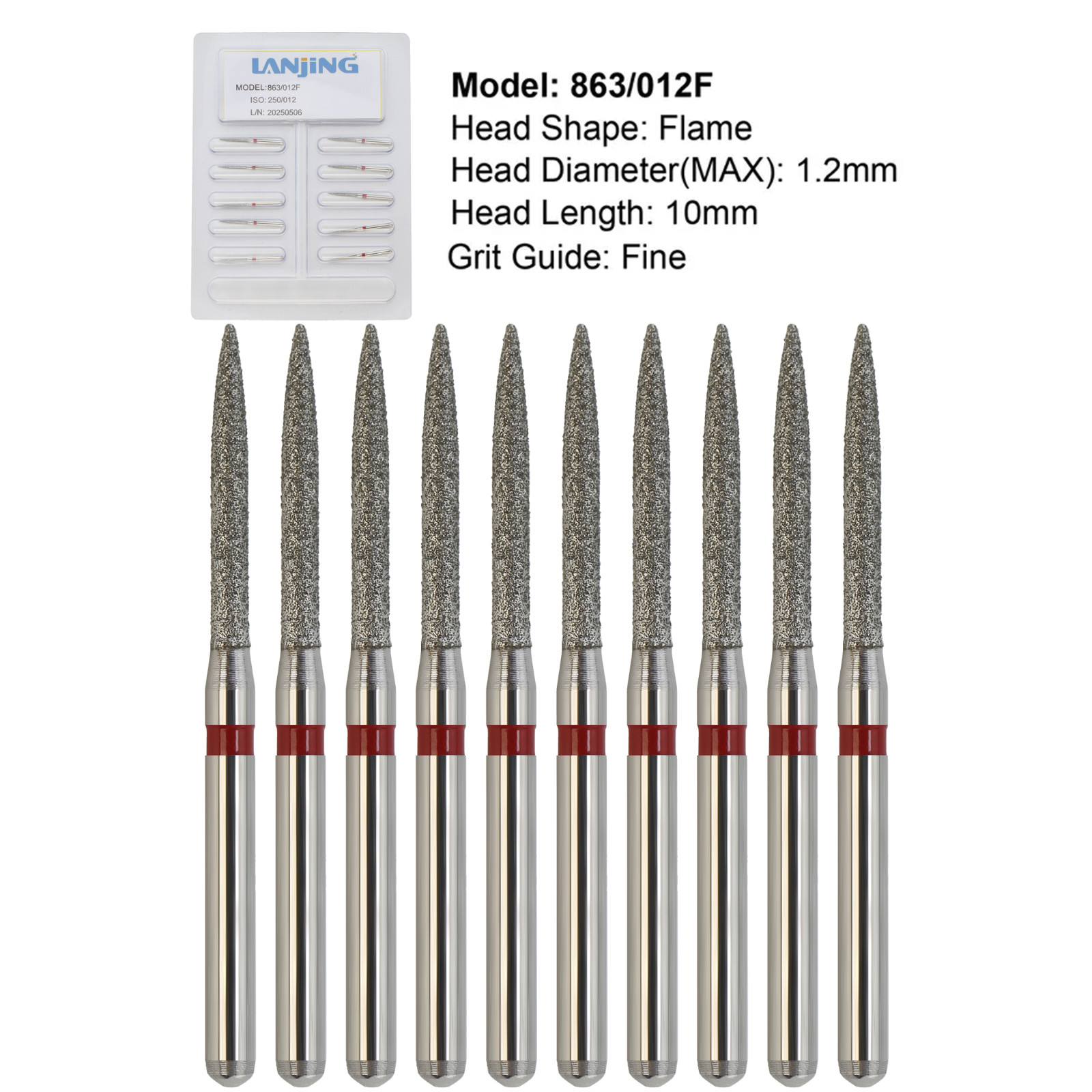 Dental Diamond Burs Flame FG High Speed Diamonds Bur Fine Grit Red 863/012F