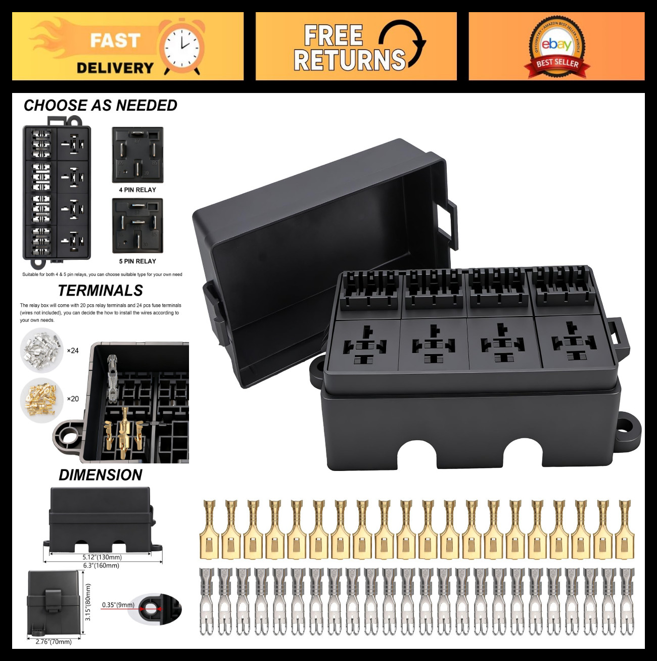 12V Fuse Relay Box with 4 Relays & 12 ATC/ATO Blade Fuses for Cars, Trucks, Boat