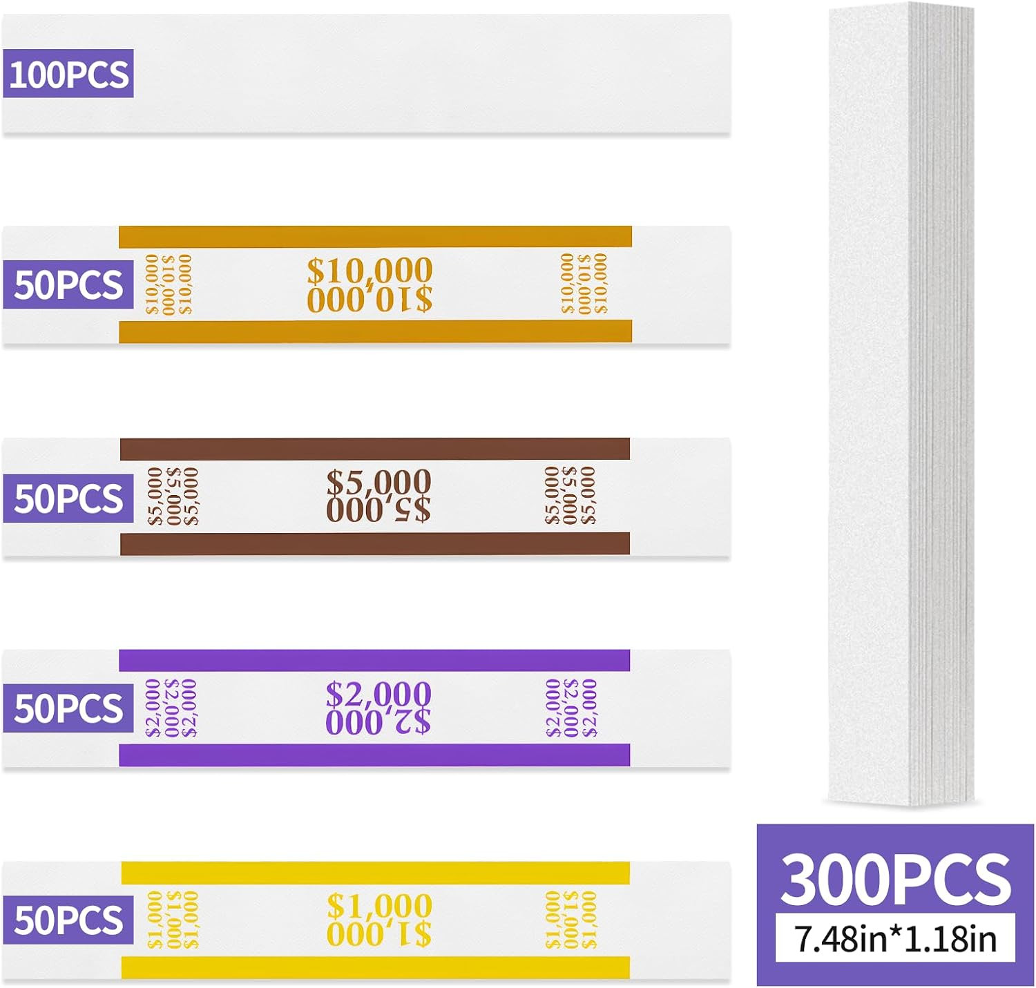 300Pcs Currency Straps for Cash Management，4 Colors Self Adhesive Money