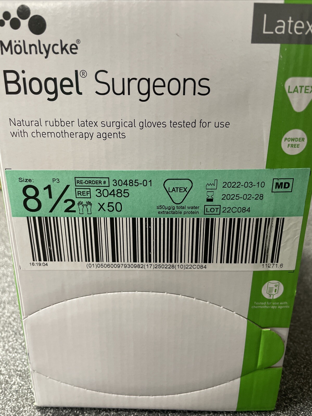 Molnlycke 30485 SZ 8.5 Latex Biogel Surgeon Gloves Box of 50 Exp 2025-02-28
