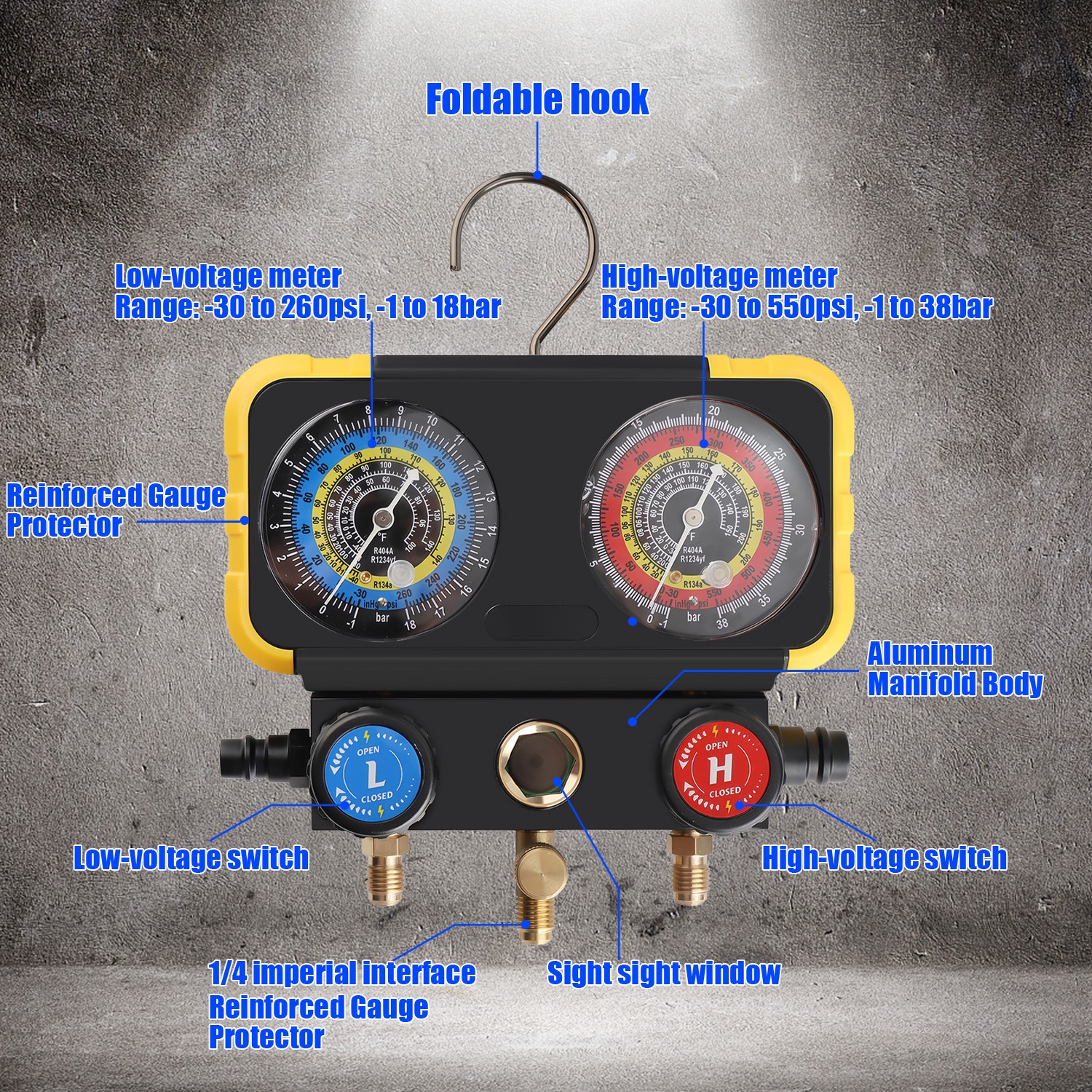 HVAC AC 3‑Way Manifold Gauge Set w/ 5ft Hoses R1234yf R404a R134a Refrigeration