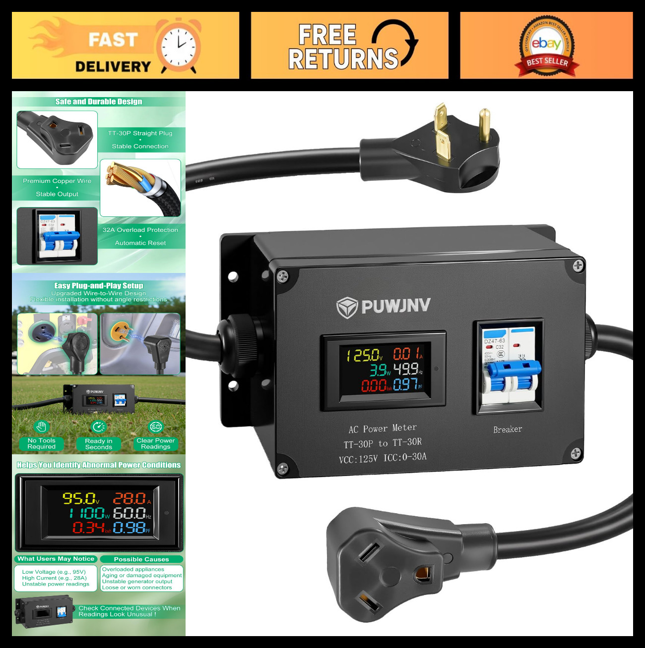 30A AC Power Meter, 125V NEMA TT-30P Energy Monitor, LCD Digital Multimeter, Vol