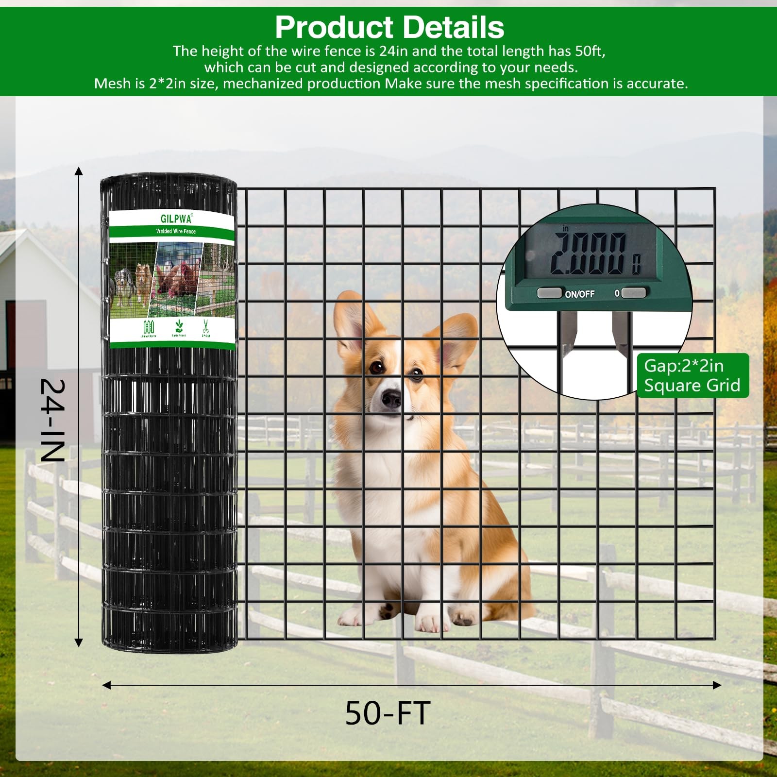 Wire Fence, 24 in(H) X 50 ft(L) PVC Coated Welded Wire Fencing 2″ X 2″ 16GA G…