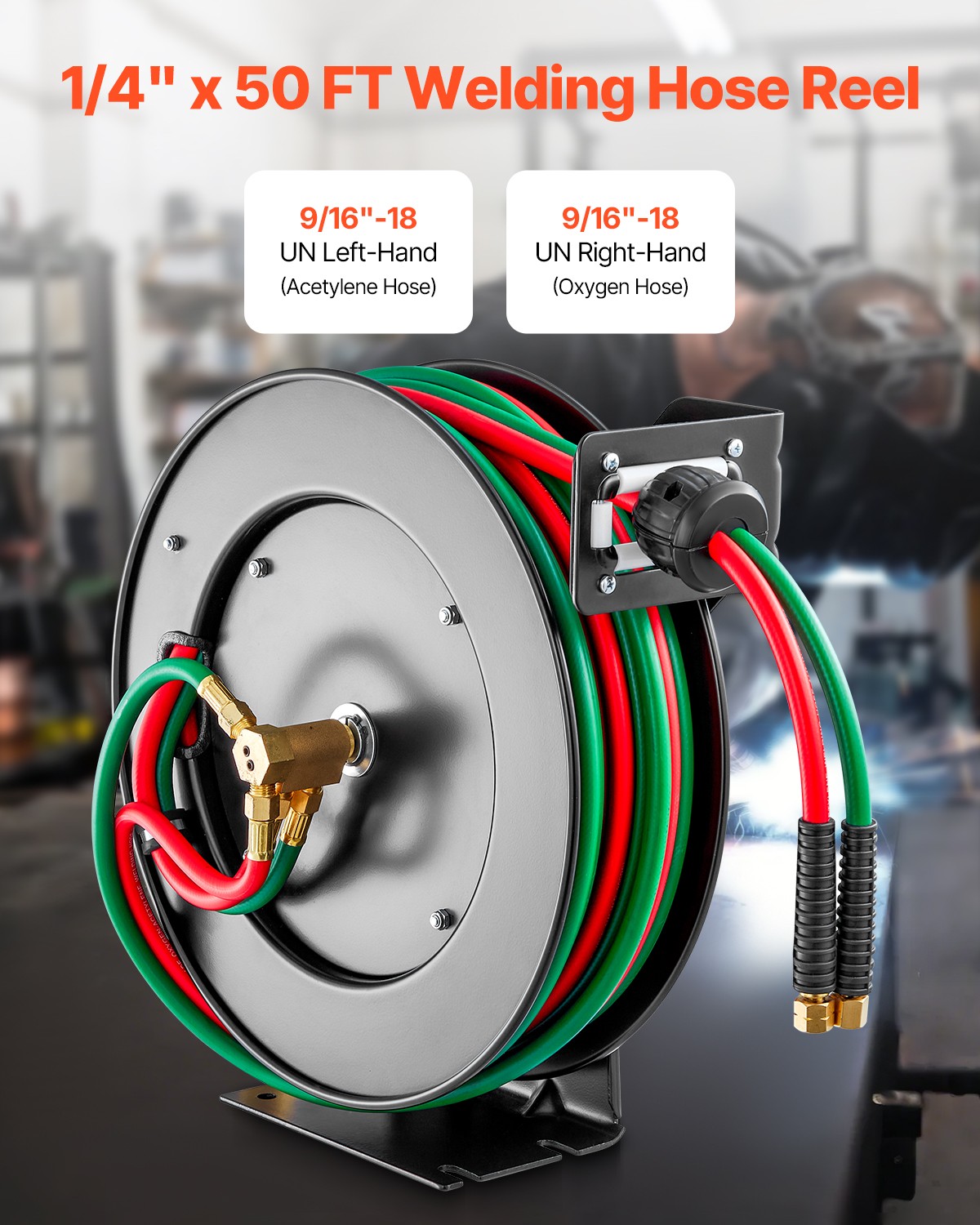 VEVOR Retractable Welding Hose Reel 1/4 in x 50FT Oxygen Acetylene Rubber Hose