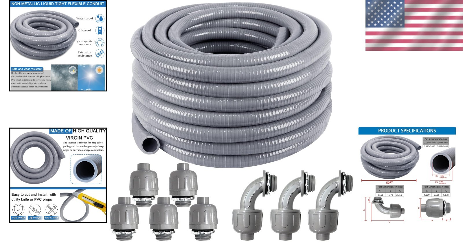 Durable 50 ft Liquid-Tight Conduit Kit with 8 Connectors – Ideal for Outdoor Use