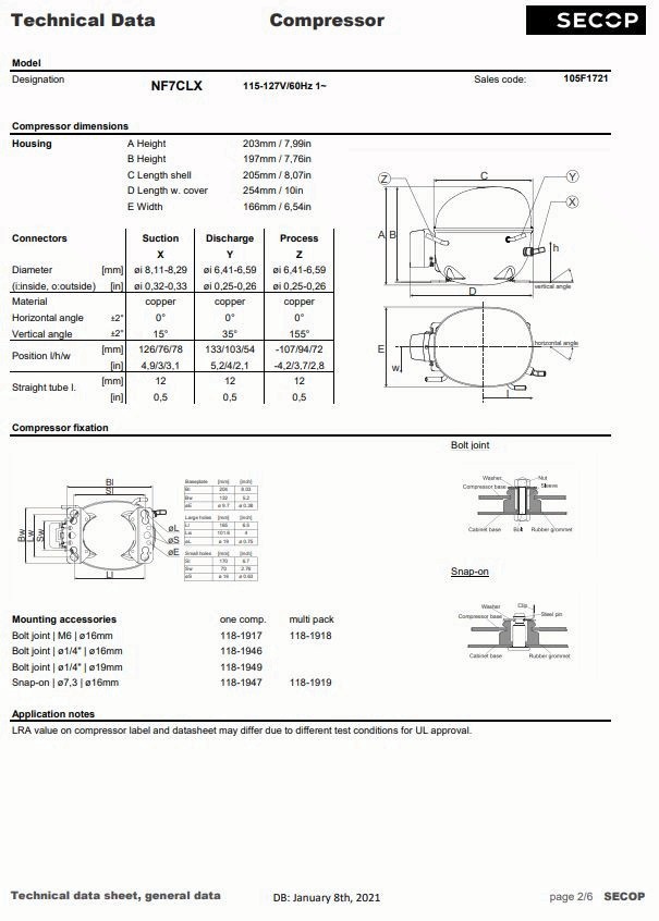 ✅ Secop NF7CLX R404a 1/3HP 115V Hermetic Refrigeration Compressor LBP HBP ✅