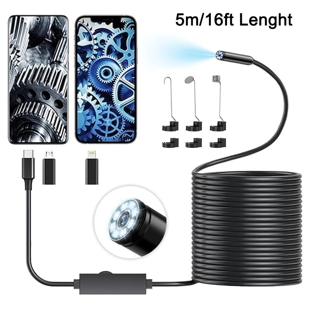 1920P 5M Endoscope Camera with Light,HD Borescope Camera for iOS Android, 8 LEDs