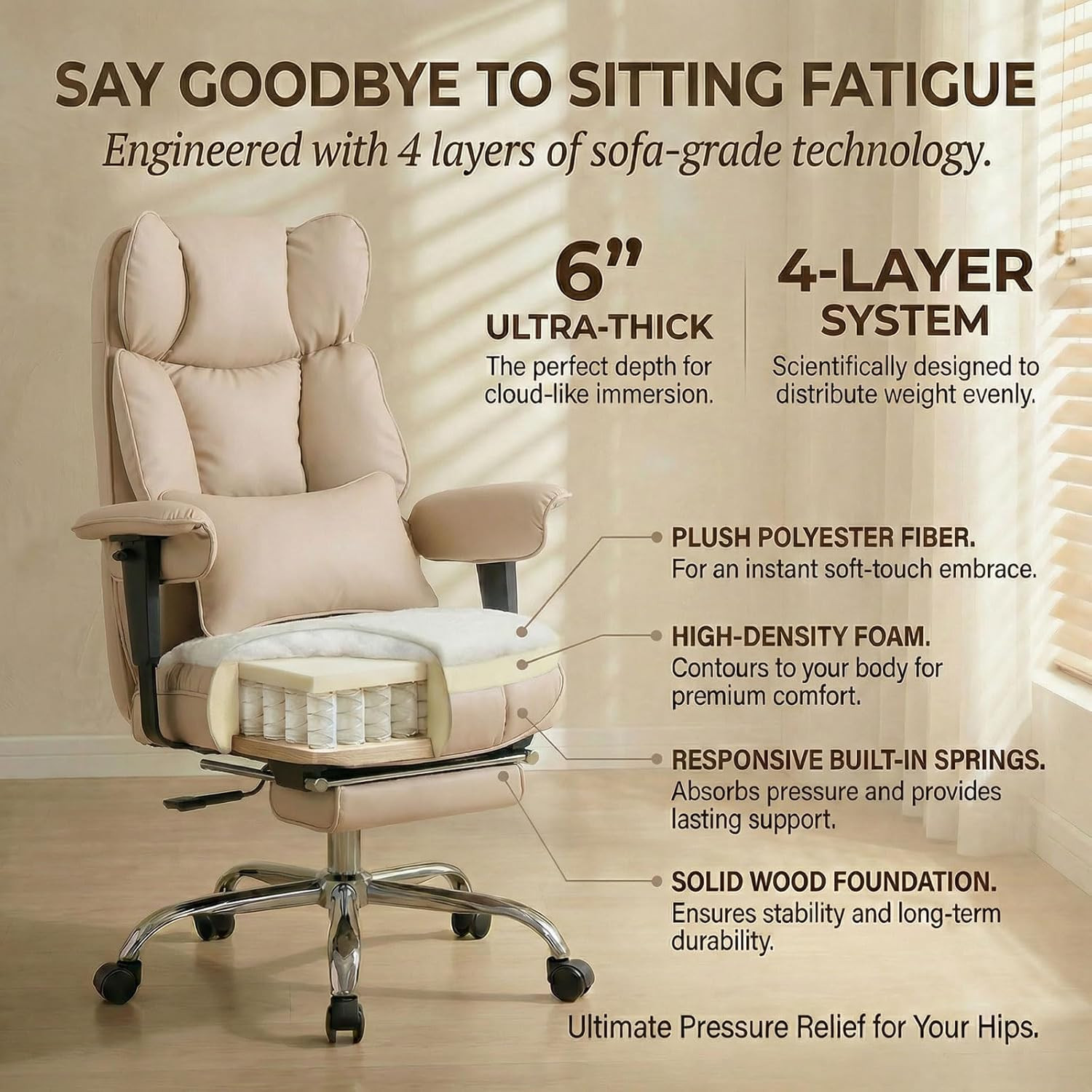 Heavy Duty Big & Tall Reclining Office Chair with Footrest – Dark Beige