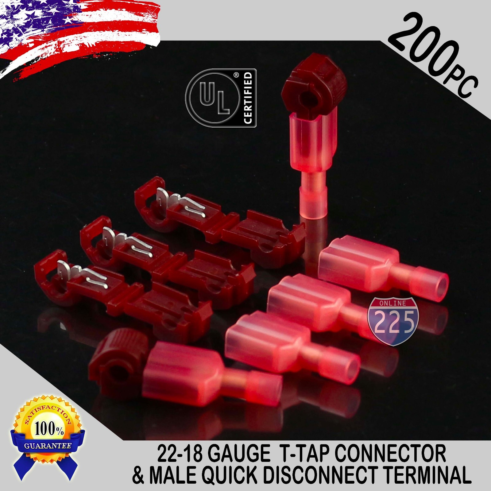 (200) T-Taps + Male Disconnect Wire Connectors Red 22-18 AWG Gauge Terminals UL