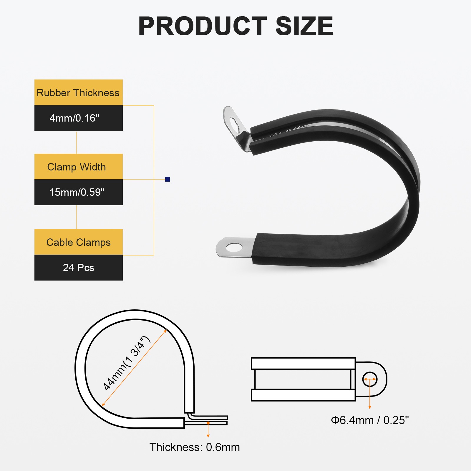 24Pcs 44mm (1-3/4″) Stainless Steel and Rubber Ties for R-Tube, Black