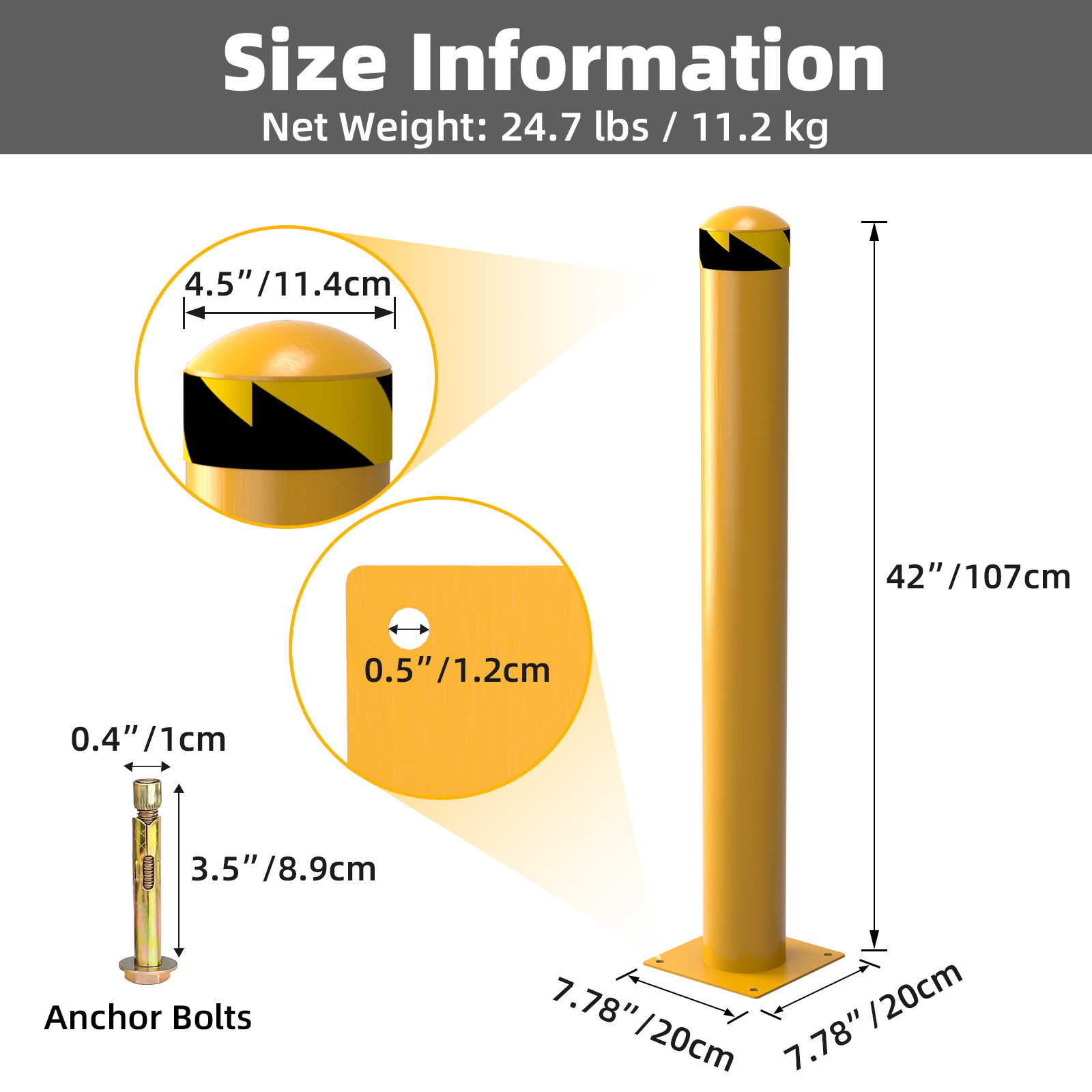2PCS Outdoor Safety Bollard 42 Inch Yellow Q235 Steel Post Pipe Barrier