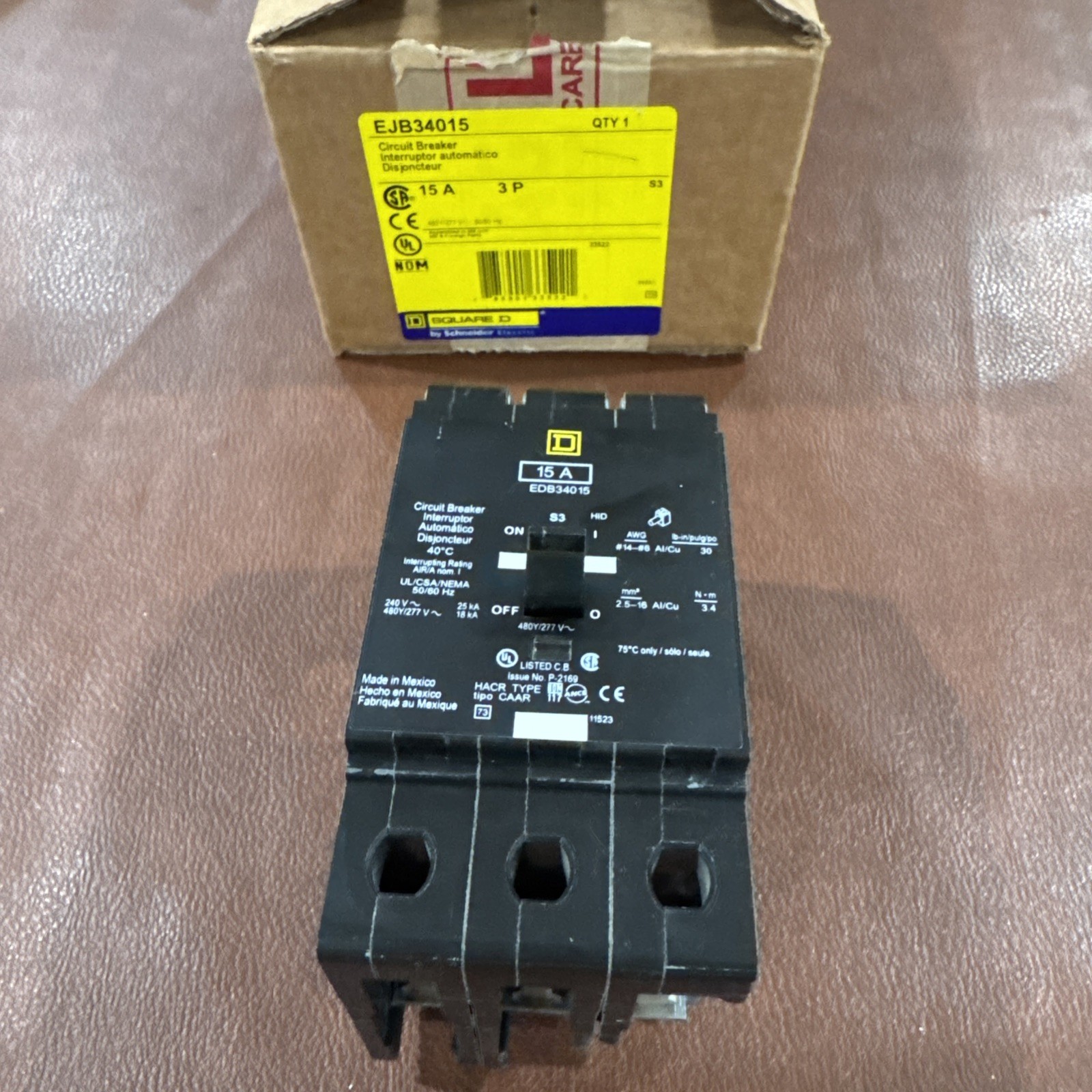 Square D EJB34015 Circuit Breaker 15A 3 Pole 480Y/277VAC 15 Amp 3P *Cracked Flaw