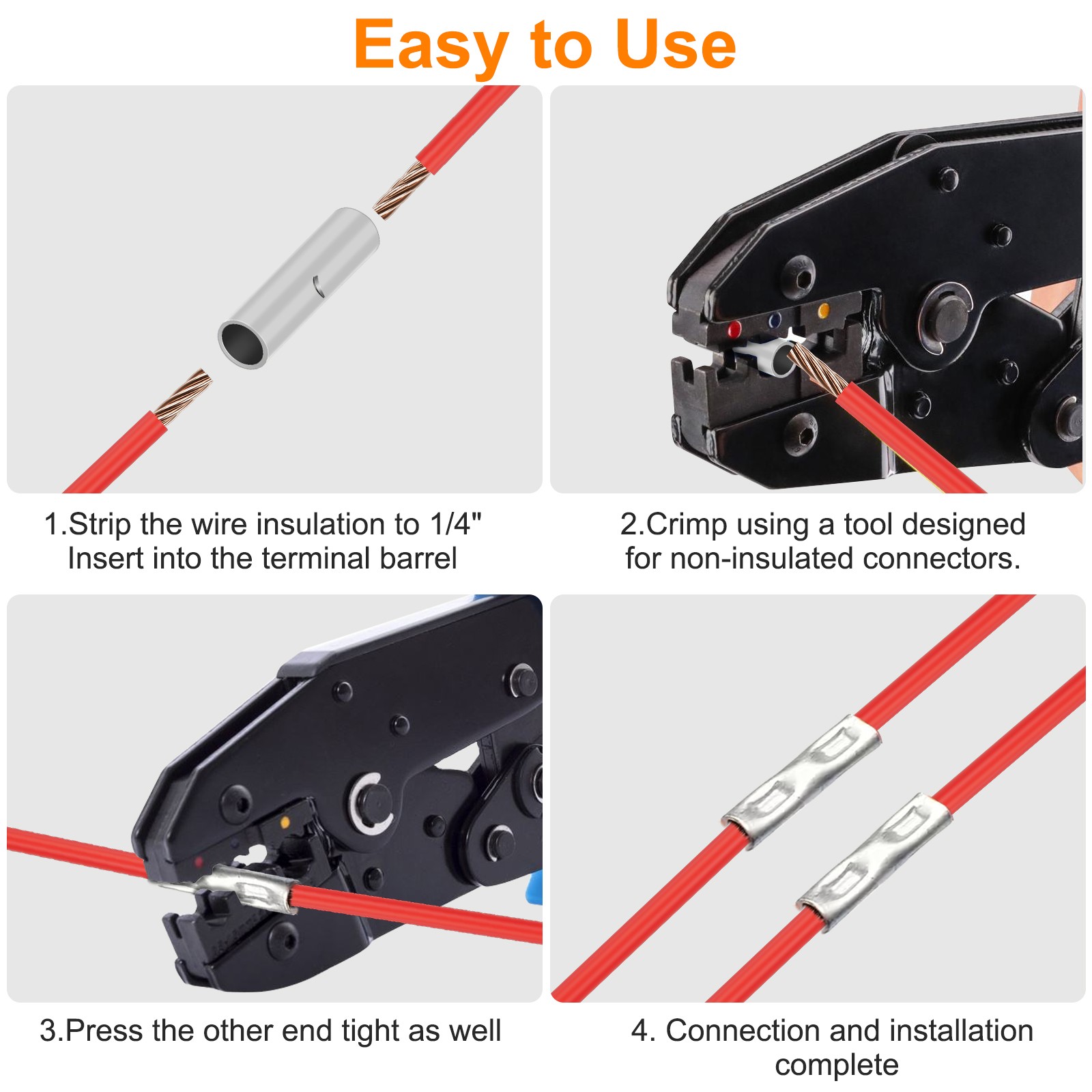 200PCS Copper Butt Splice Connectors Kit Non-Insulated Crimp Terminals Inverters