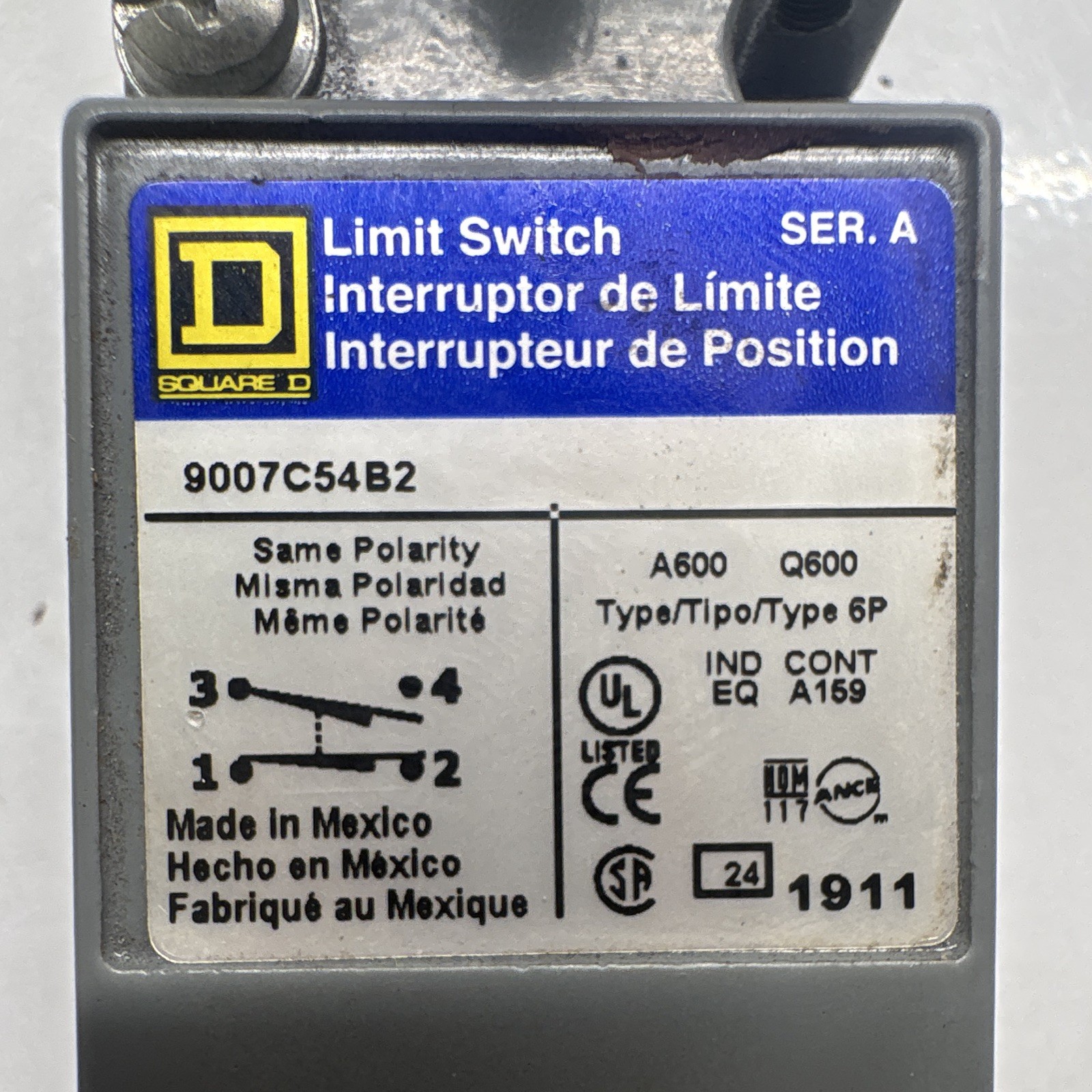 Square D Limit Switch 9007C54B2 Gray Pretravel 10° Industrial Control Panels