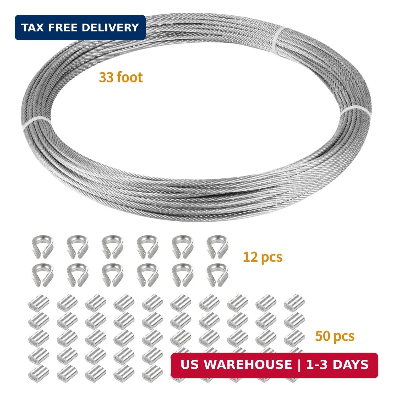 1/16″ Stainless Steel 304 Cable Wire Rope 33FT with Aluminum Sleeve Thimble | 7x