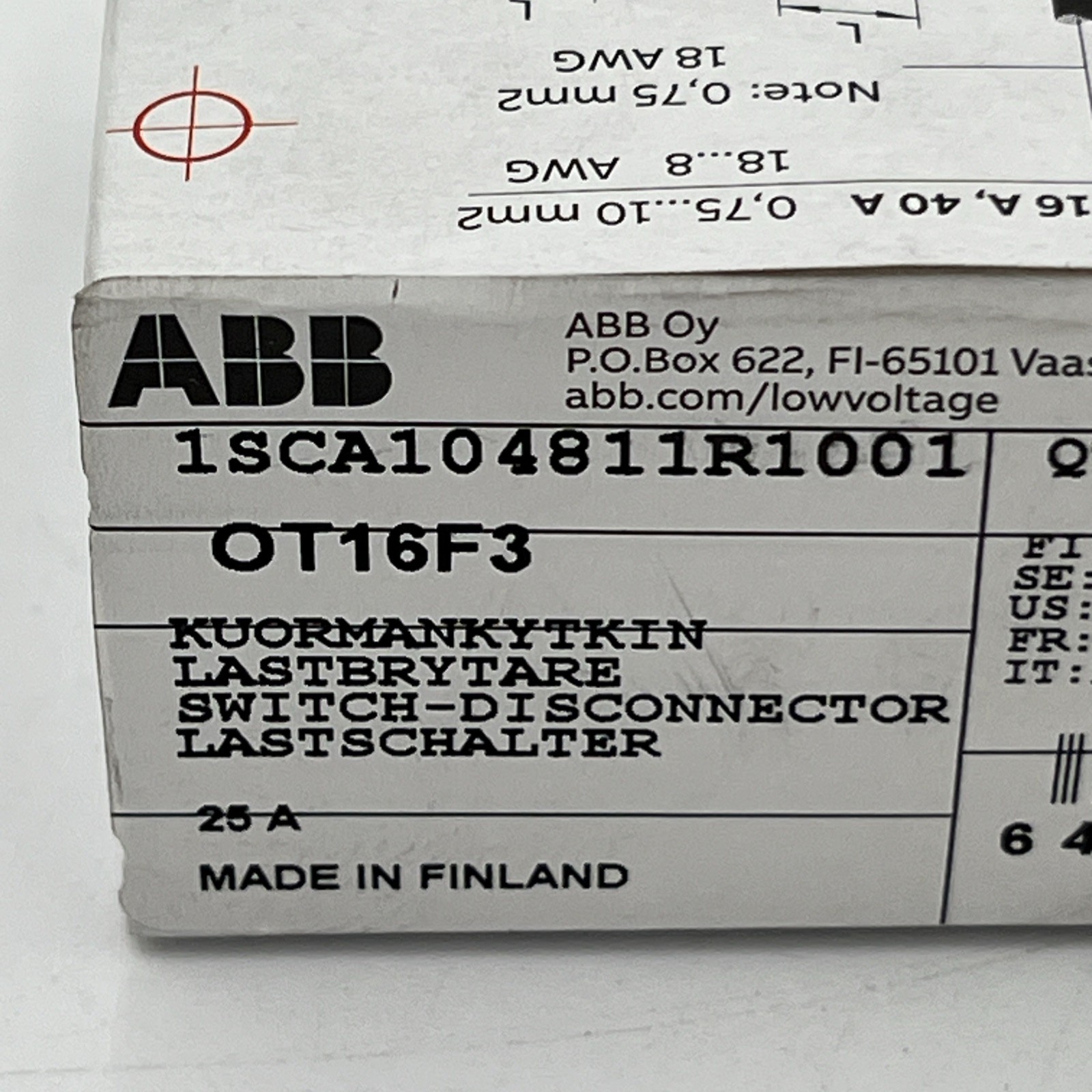 NEW!! ABB OT16F3 Switch Disconnector 3-pole Front Operated 16A – 1SCA104811R1001