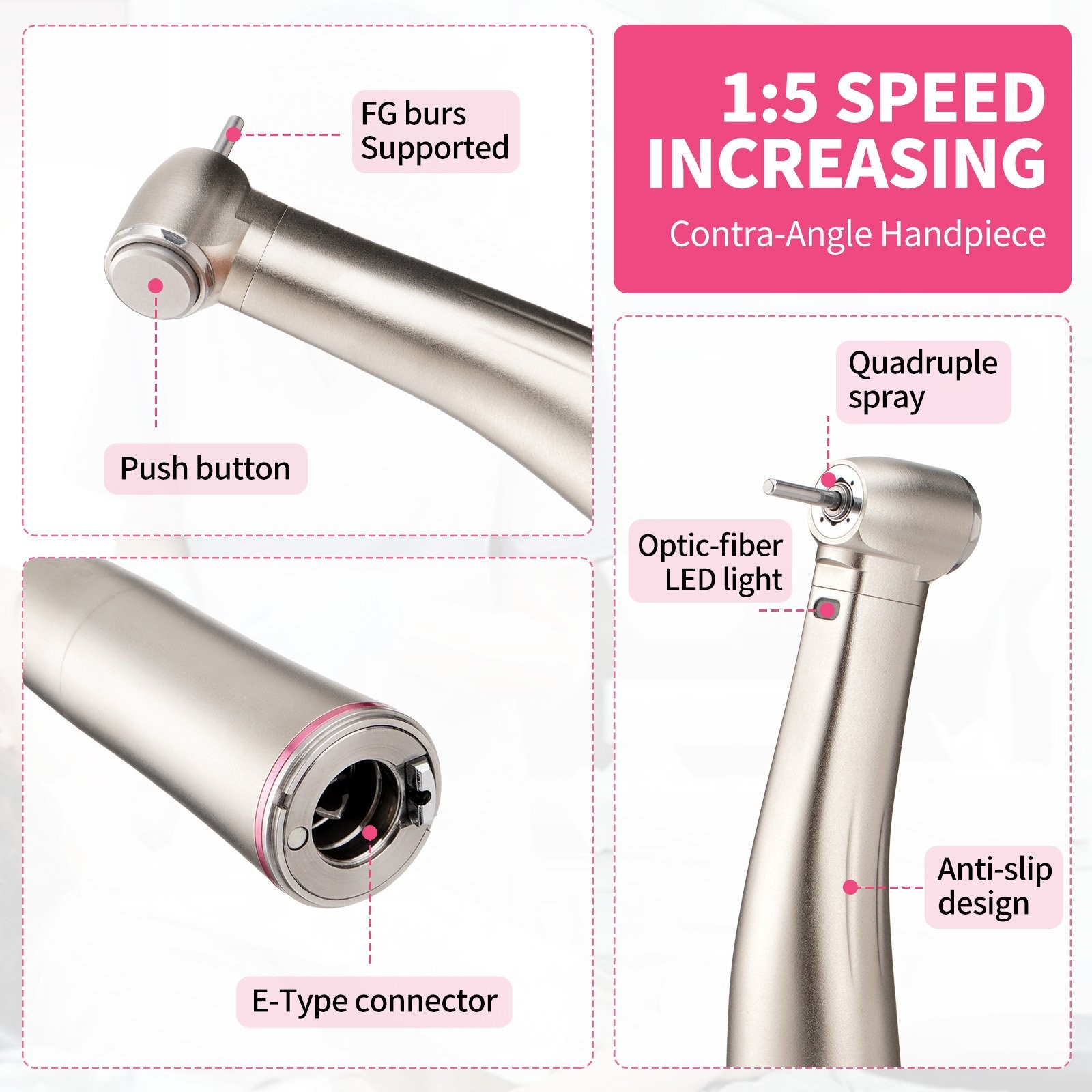 NSK Style Dental Brushless LED Micro Motor /1:5 Increasing LED Contra Angle USA