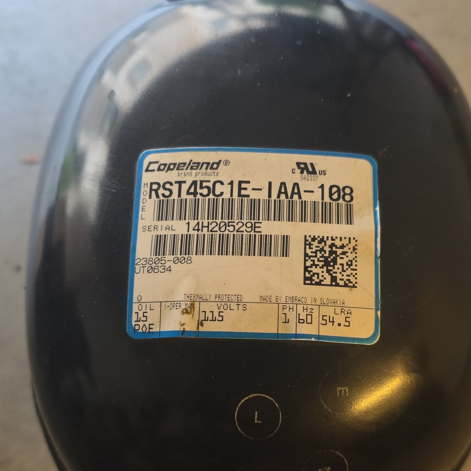 Copeland Hermetic Compressor RST45C1E-IAA-108 115V 1 Phase R404A