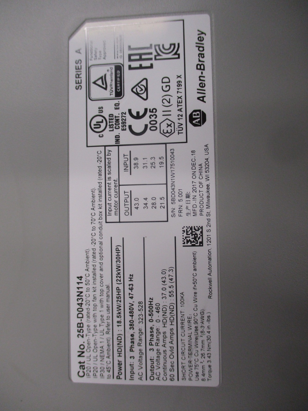 Allen-Bradley PowerFlex 525 AC Drive 25B-D043N114 Ser. A 30HP 3Ph Used
