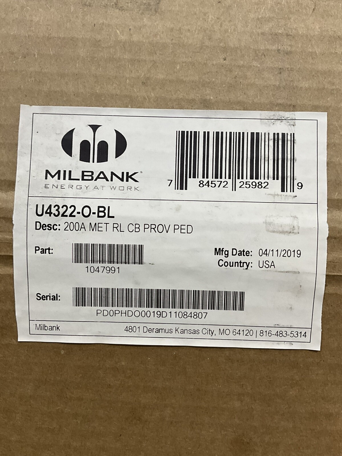 Milbank 200 Amp Meter Base Cat No. V4322-0-BL 🟦