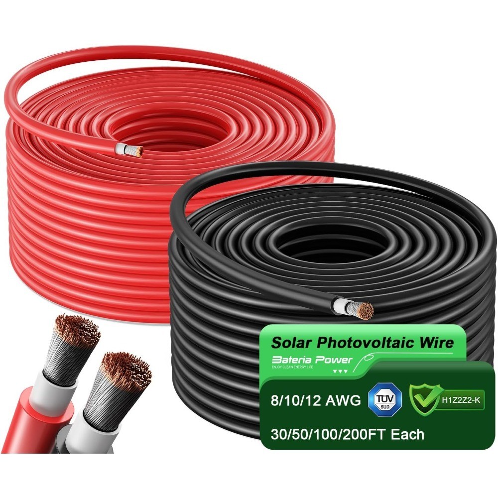 Solar Panel Wire 50Ft Black and 50Ft Red Kit, 10AWG 6mm2 PV Extension Cable