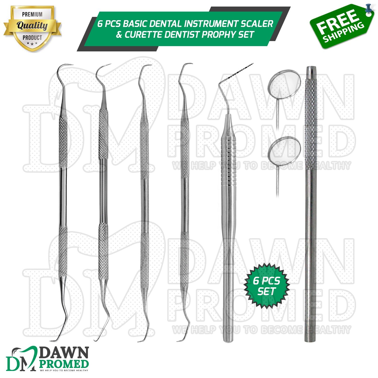 6 Pcs Basic Dental Instrument Scaler & Curette Dentist Prophy Set Veterinary Kit