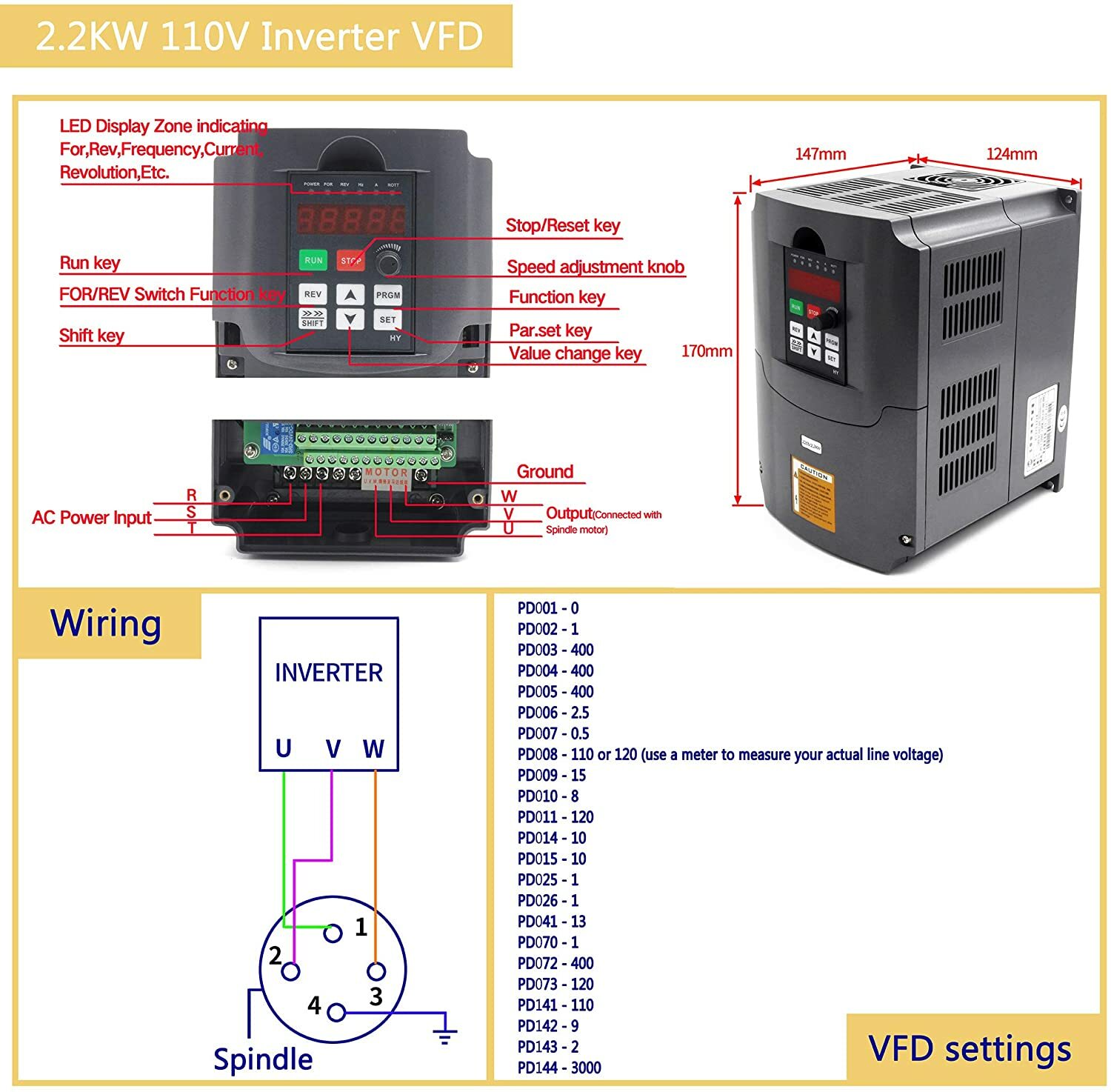 『USA』2200W 2.2KW 110V Water Cooled CNC Spindle Motor& Inverter&Clamp&Pump&Collet